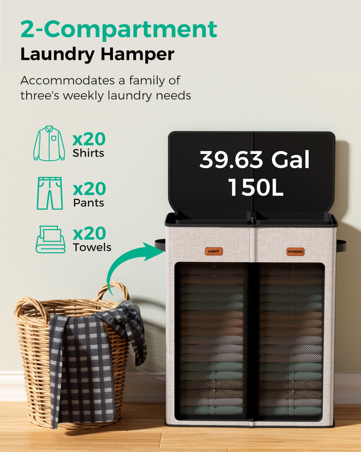 MECINFUL 150L 2-Section Laundry Hamper with Lid – Removable Bag, Double Compartment Clothes Hamper for Bathroom, Bedroom, Dorm & Laundry Room