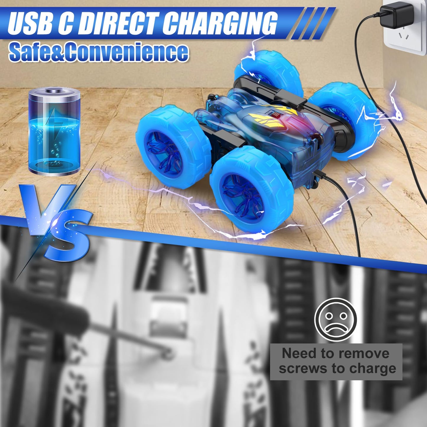 Remote Control Cars,Stunt RC Car Toy for Kids Ages 6-12,Fast USB-C Easy Charging,4WD Rechargeable RC Truck with Colorful Lights,2.4GHz Double-Sided 360° Rotating Birthday Gifts for Boys Girls(Blue)
