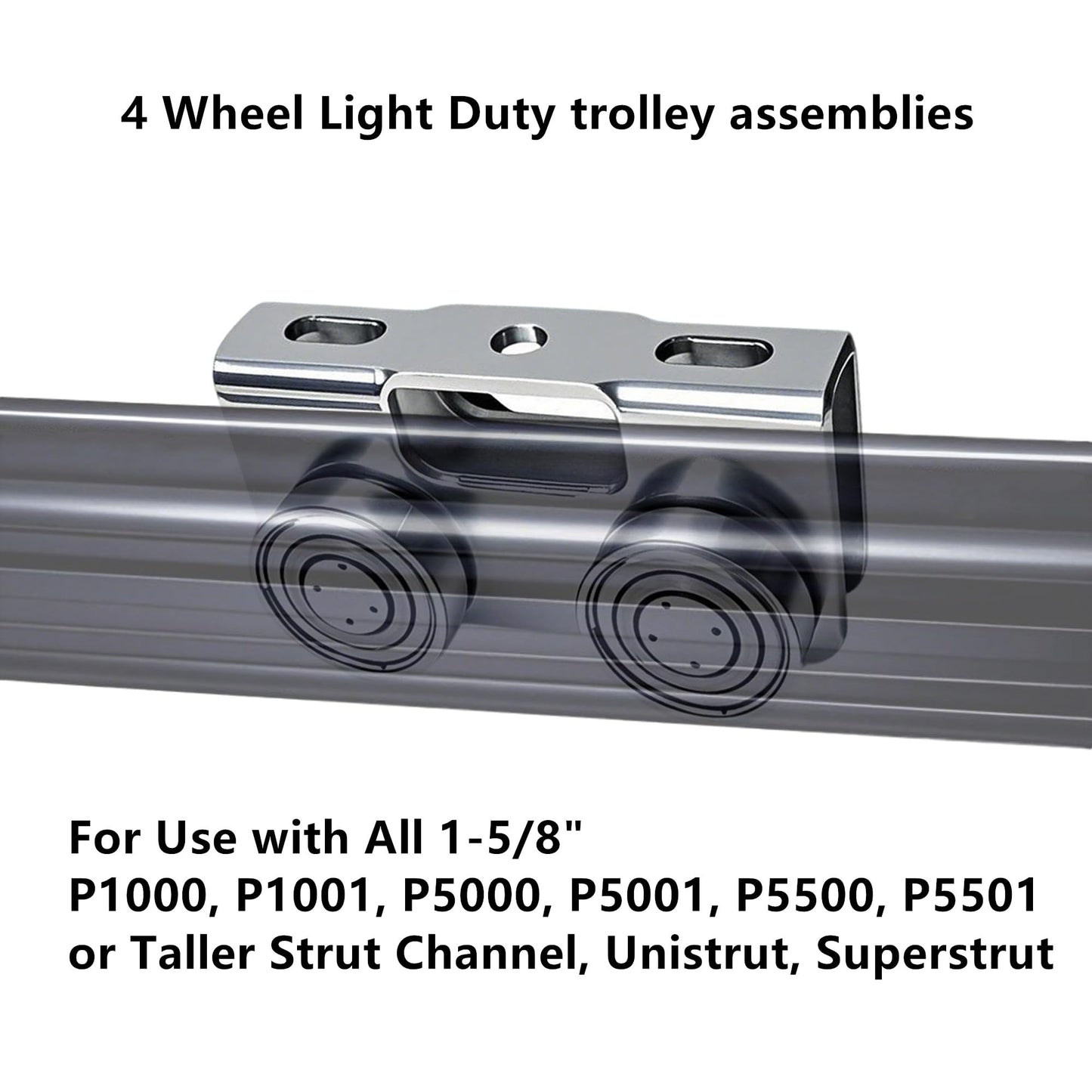 YOVXKAN 4 Wheel Trolley Assembly Rollers, Upgraded Load & Stable Silent Roller Trolley Compatible with 1-5/8" Wide and Taller Strut Channel, P1000/ P5000 Series (Silver 4 Pack)