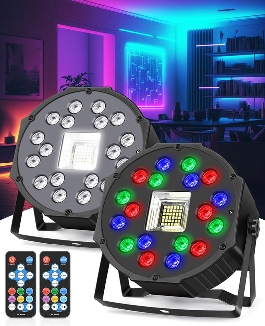 2 in 1 Party Lights 2 Packs, 18LEDs Stage Light with Strobe Light Sound Activated 7 Lighting Effects for House Parties Birthday Holiday Karaoke Bar Dance Club Pub Home Decorations