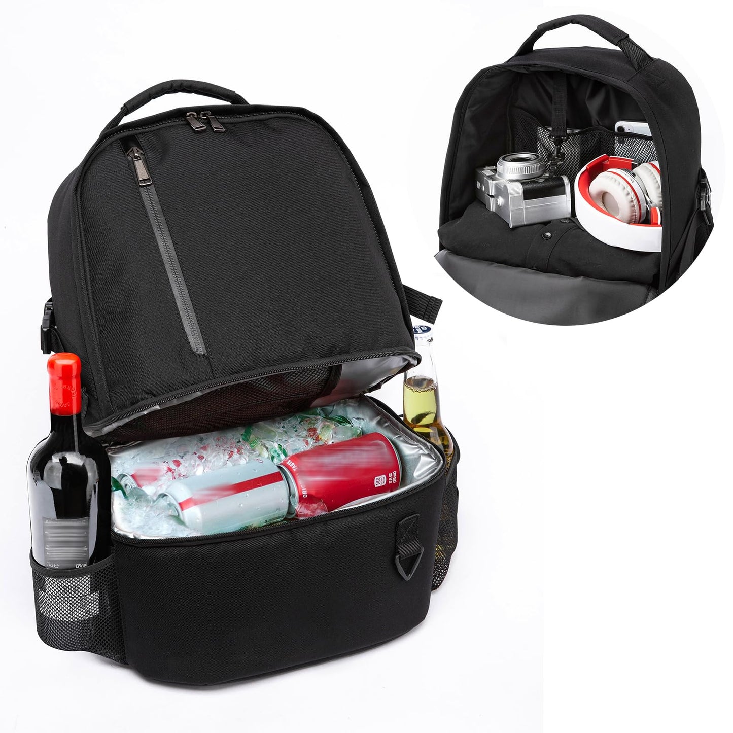 TUGUAN Insulated Cooler Backpack 16/26 Cans Double Deck Leakproof Lightweight Soft Lunch Backpack Small Cooler Bag Beach Picnic, Black