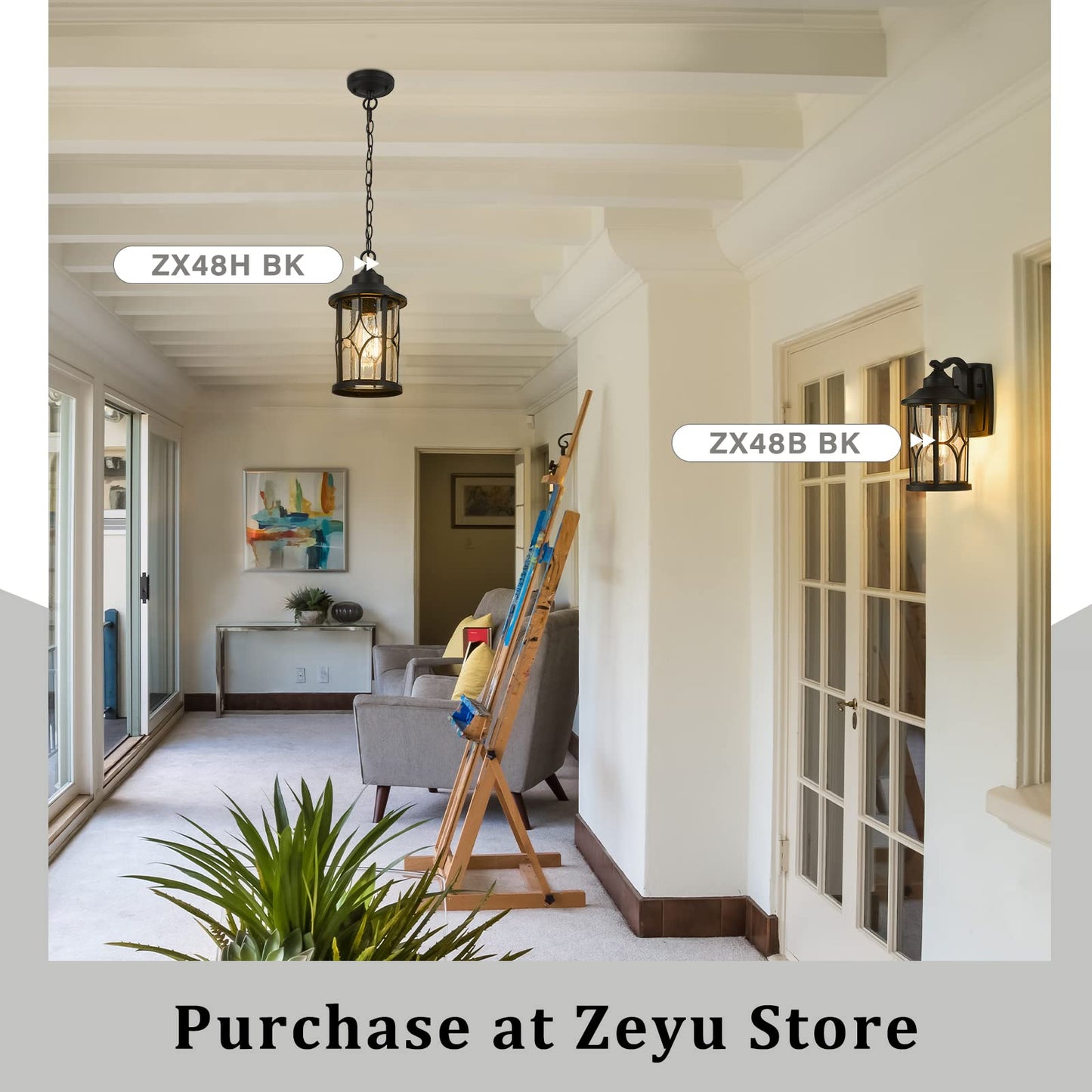 Zeyu Outdoor Pendant Light for Porch - 12 Inch Farmhouse Exterior Hanging Lantern with Seeded Glass, Black Finish, ZX48H BK
