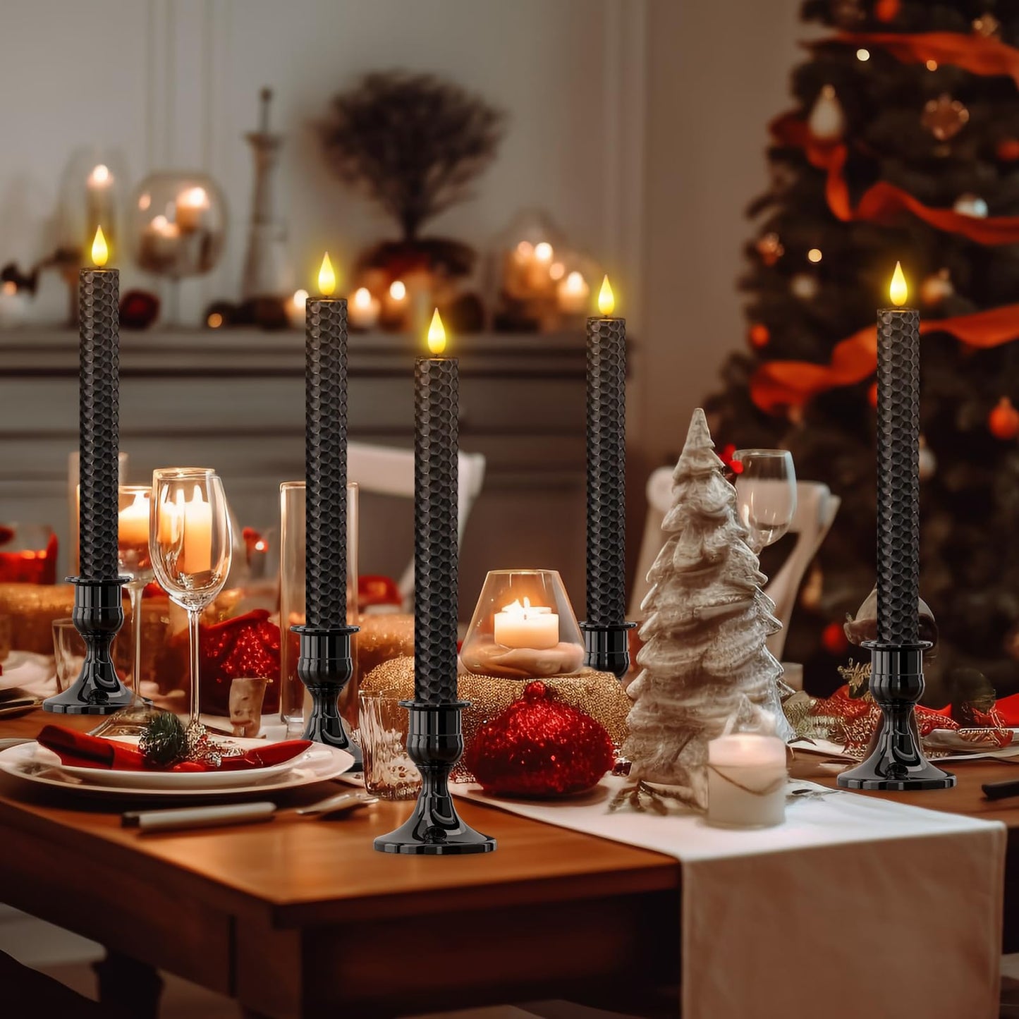 Punasi Black Flameless LED Taper Candles with Remote Timer, 9.75” Battery Operated Window Candles with 3D Flickering Flame, Real Wax Candlesticks for Home Room Table Halloween Christmas Decorations