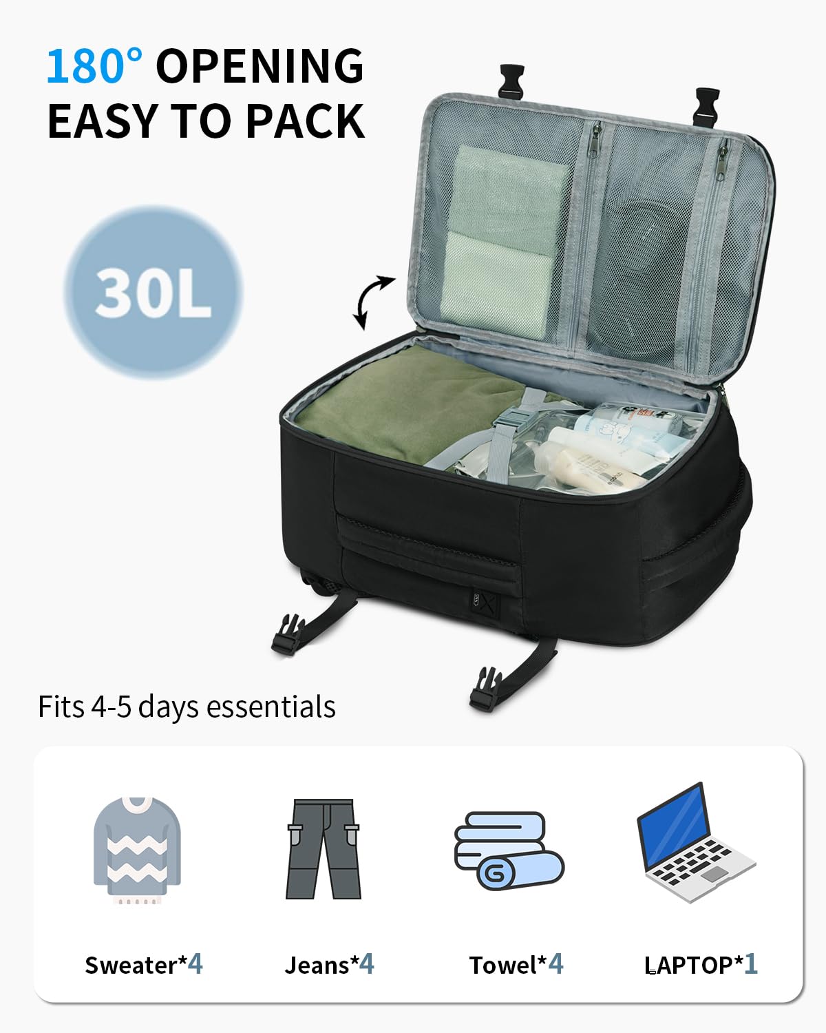 ECOHUB Travel Backpack for Women Men 17.3" Laptop Backpack Flight Approve Carry On Backpack Luggage with USB Charging Port Anti Theft Water Resistant Travel School Casual Work Backpacks 30L Black