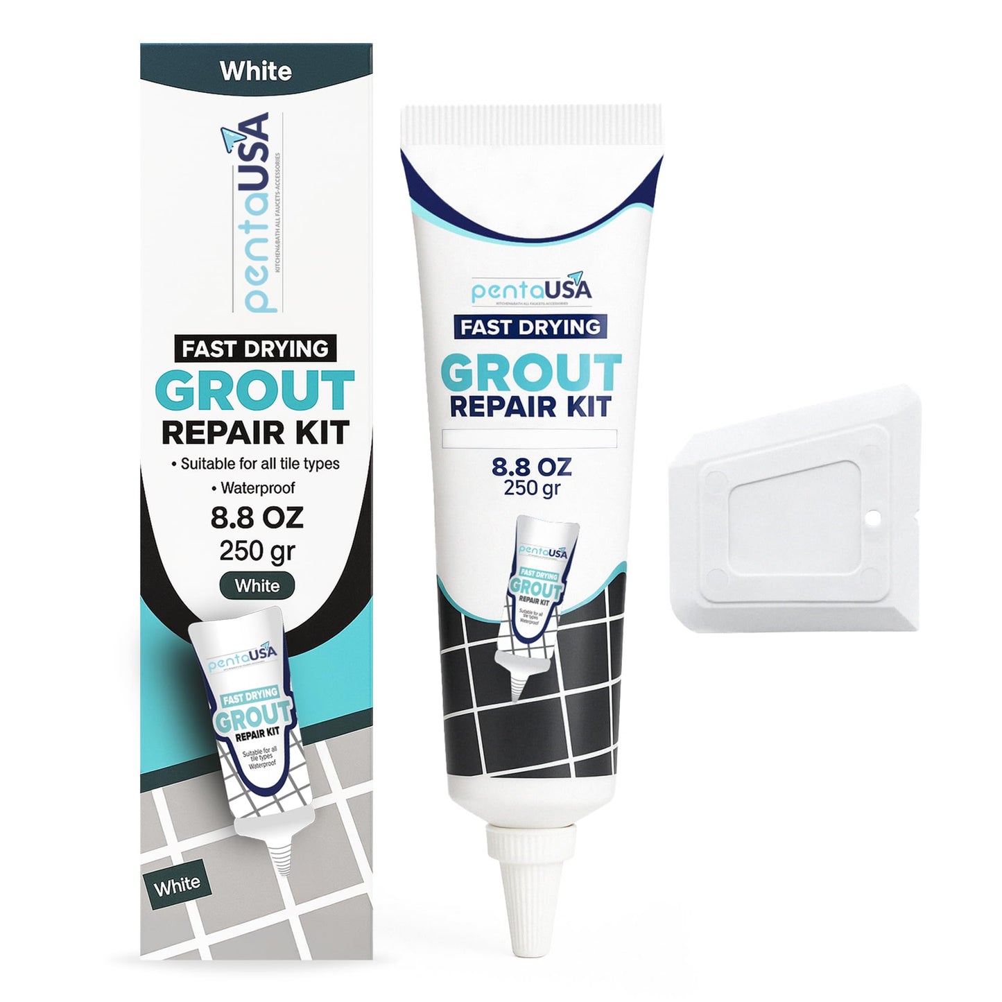 PentaUSA Grout - Fast Drying Grout Repair Kit, Restore and Renew Joint Lines in Bathroom and Kitchen - Scraper Included (250g - White)