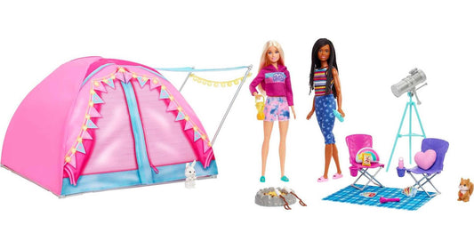 Barbie Dolls & 20 Accessories, It Takes Two Camping Tent Playset with Brooklyn & Malibu, Plus 2 Moving Animals