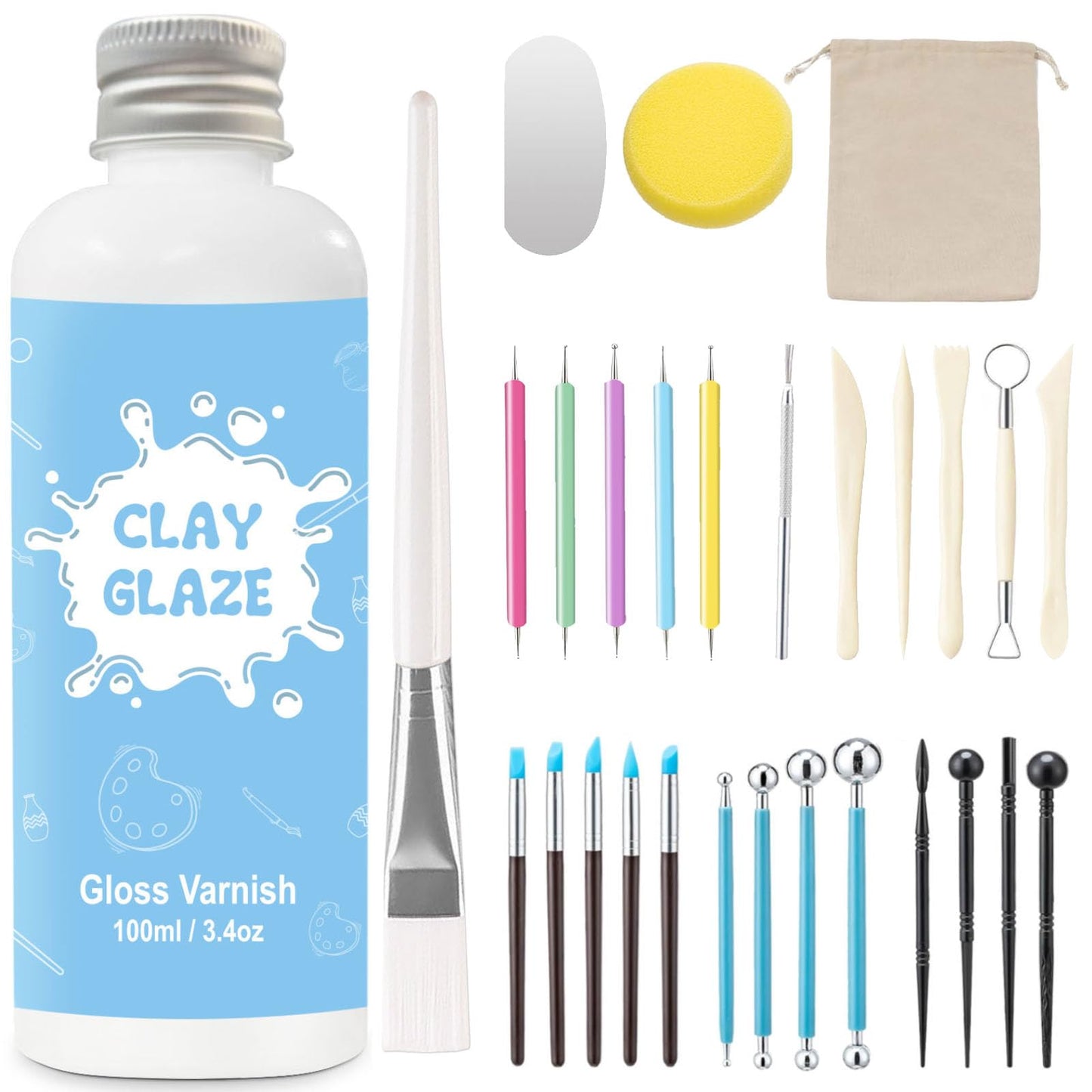 EIGTWEN 100ml Air Dry Clay Glaze and 29pcs Clay Tools Kit, Gloss Airdry Varnish Protects Pottery from Surface Wear, Pottery Tools Can be Used for Stippling, Carving, Molding(Gloss)