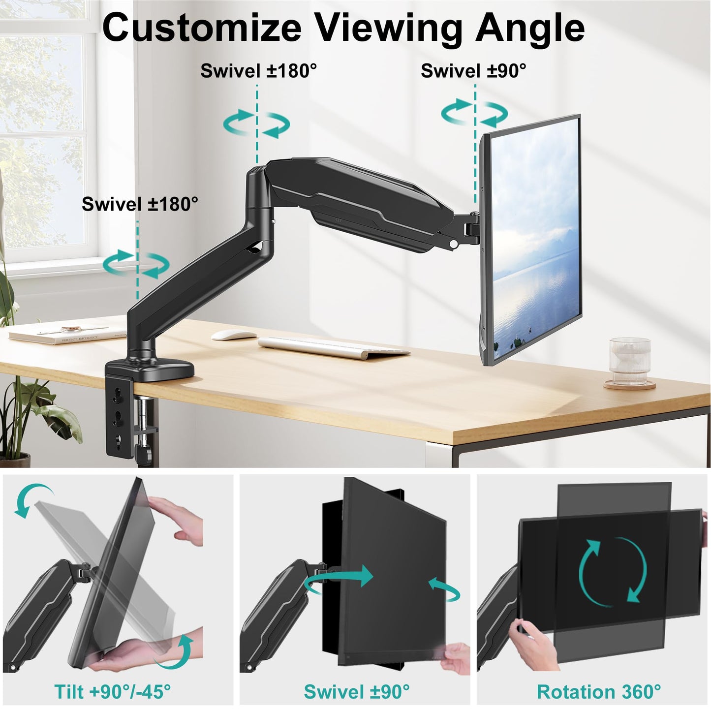MOUNT PRO Single Monitor Mount,Articulating Spring Monitor Arm,Fits 13 to 32 Inch LCD Computer Monitors,Holds 17.6 lbs,Adjustable VESA Mount Desk Stand with Clamp,Grommet Base,VESA 75x75,100x100