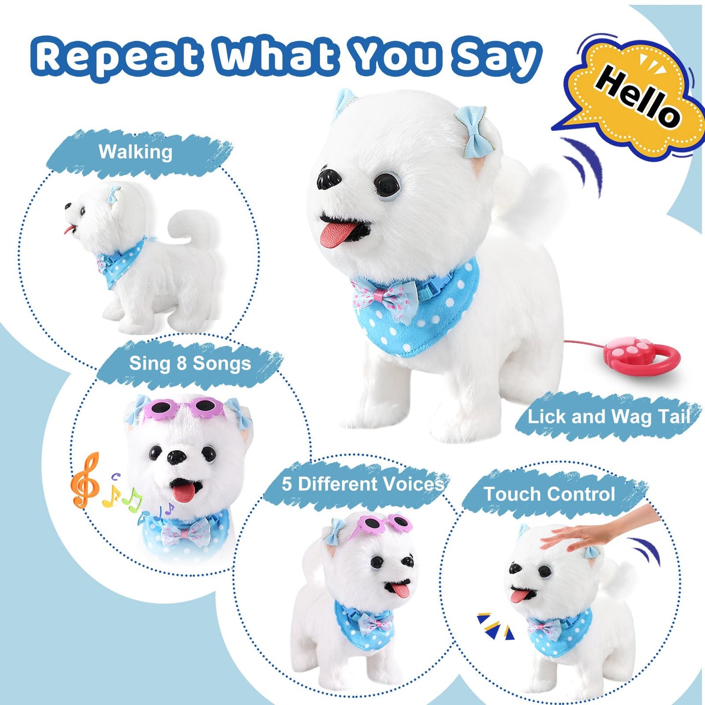 Ylpaprm Samoyed Walking Barking Toy Dog Puppy Toy for Girl Licking Doggy with Leash, Electric Talking Singing Tail Wag Plush DIY Pretend Dress Up Interactive Dog Toddler Kid