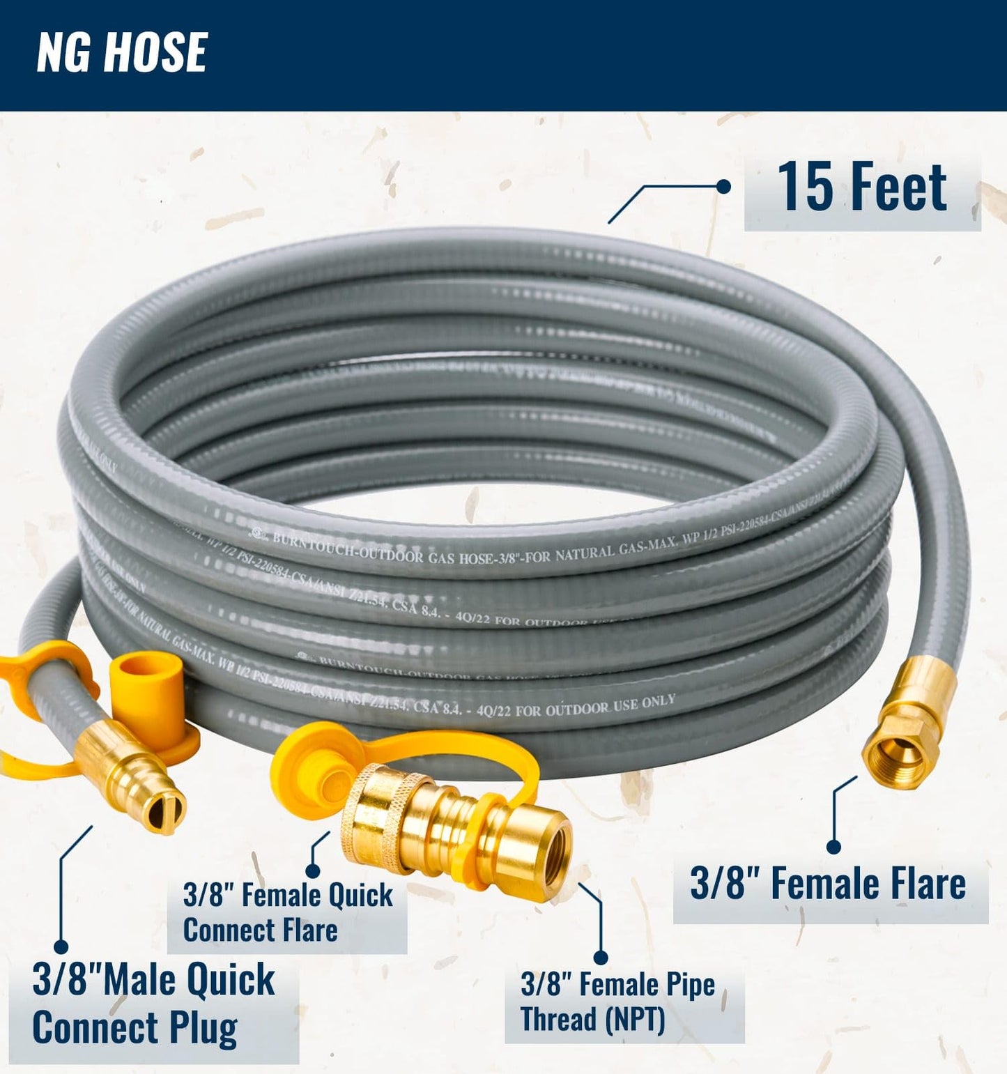 CALPOSE 15 Feet 3/8 inch ID Natural Gas Grill Hose with Quick Connect Fittings, Natural Gas Line for Grill, Pizza Oven, Heater and More Low Pressure Appliance