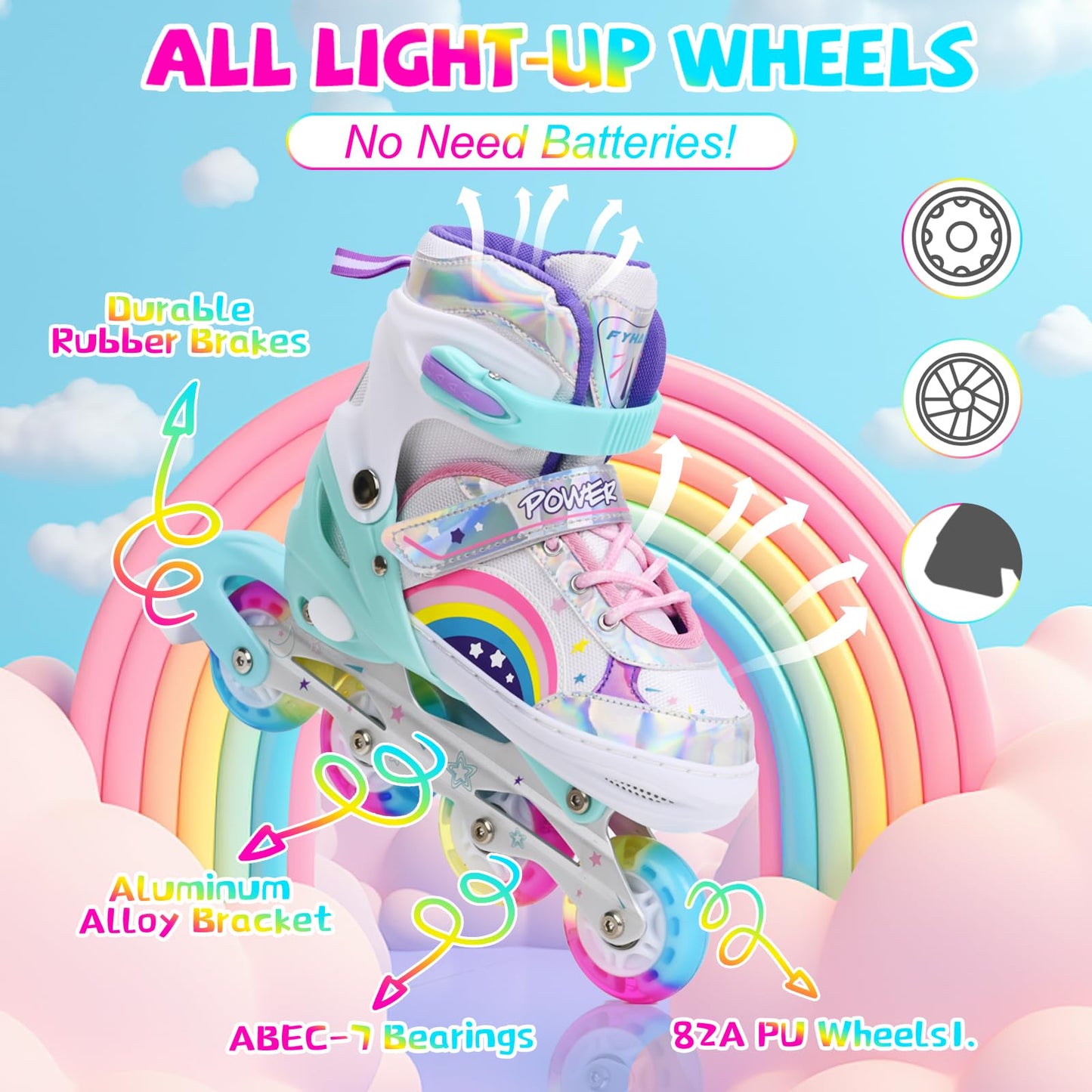 Adjustable Inline Skates for Kids Girls Children Beginners, Rainbow Inline Roller Skates with Light Up Wheels for Kids and Youth for Sports (Small)