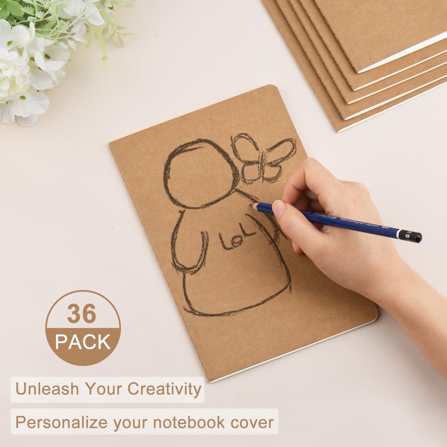 ZCZN A5 Blank Notebook 36 Pack, Kraft Journals Notebooks 60 Pages(30 Sheets), 8.15 * 5.5 Inches Unlined Notebook, Bulk Diary, Subject, Memo Notebooks for Work, School, Office
