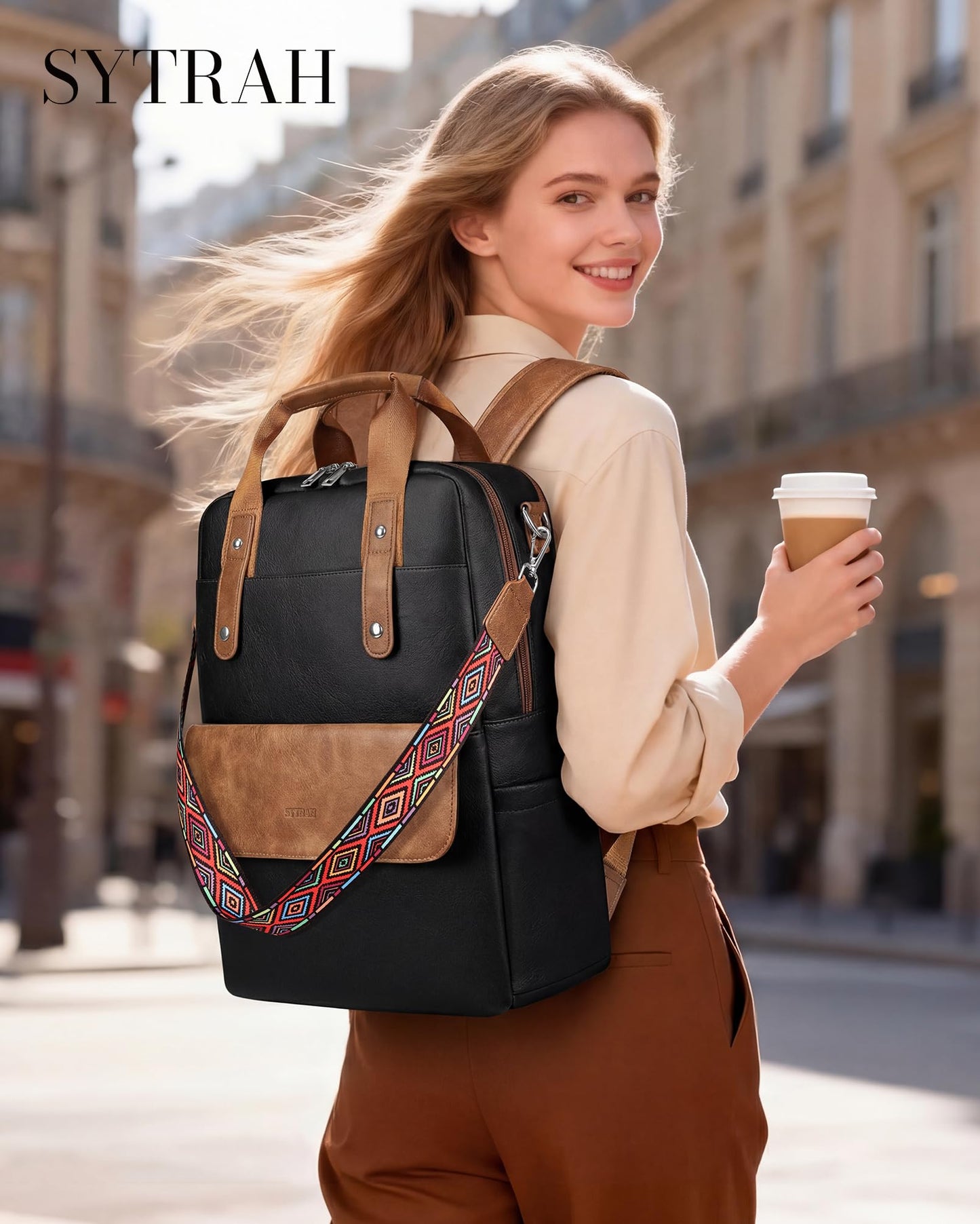 SYTRAH Leather Laptop Backpack 15.6 Inch Womens Laptop Bag, 3 IN 1 Computer Bag Handbag with Colorful Shoulder Bag Strap for Work Travel College Black Brown
