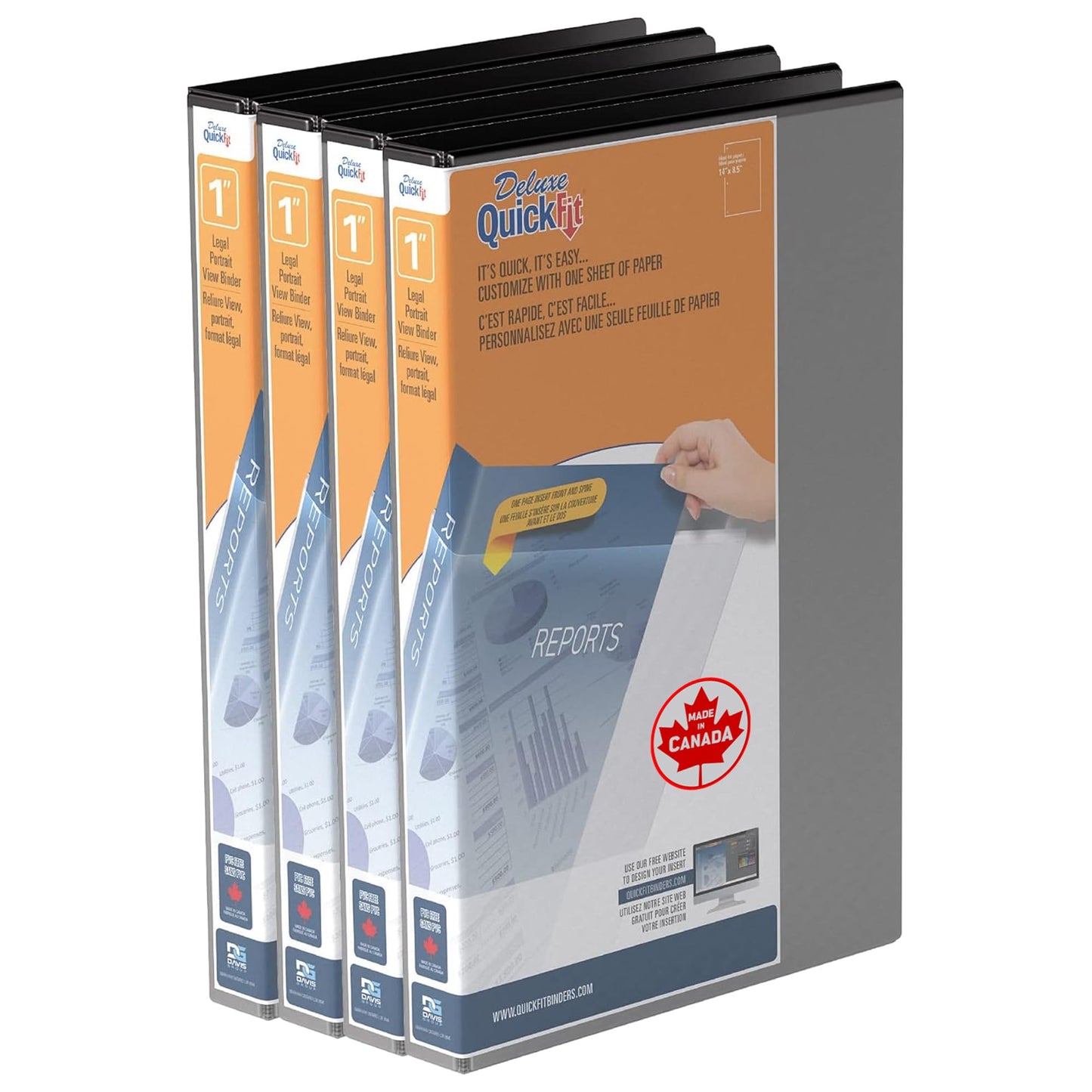 QuickFit 4-Pack Heavy-Duty 8 1/2" x 14" Portrait Legal Binder, 3-Ring Binder, D Ring, Made in Canada, 1 Inches