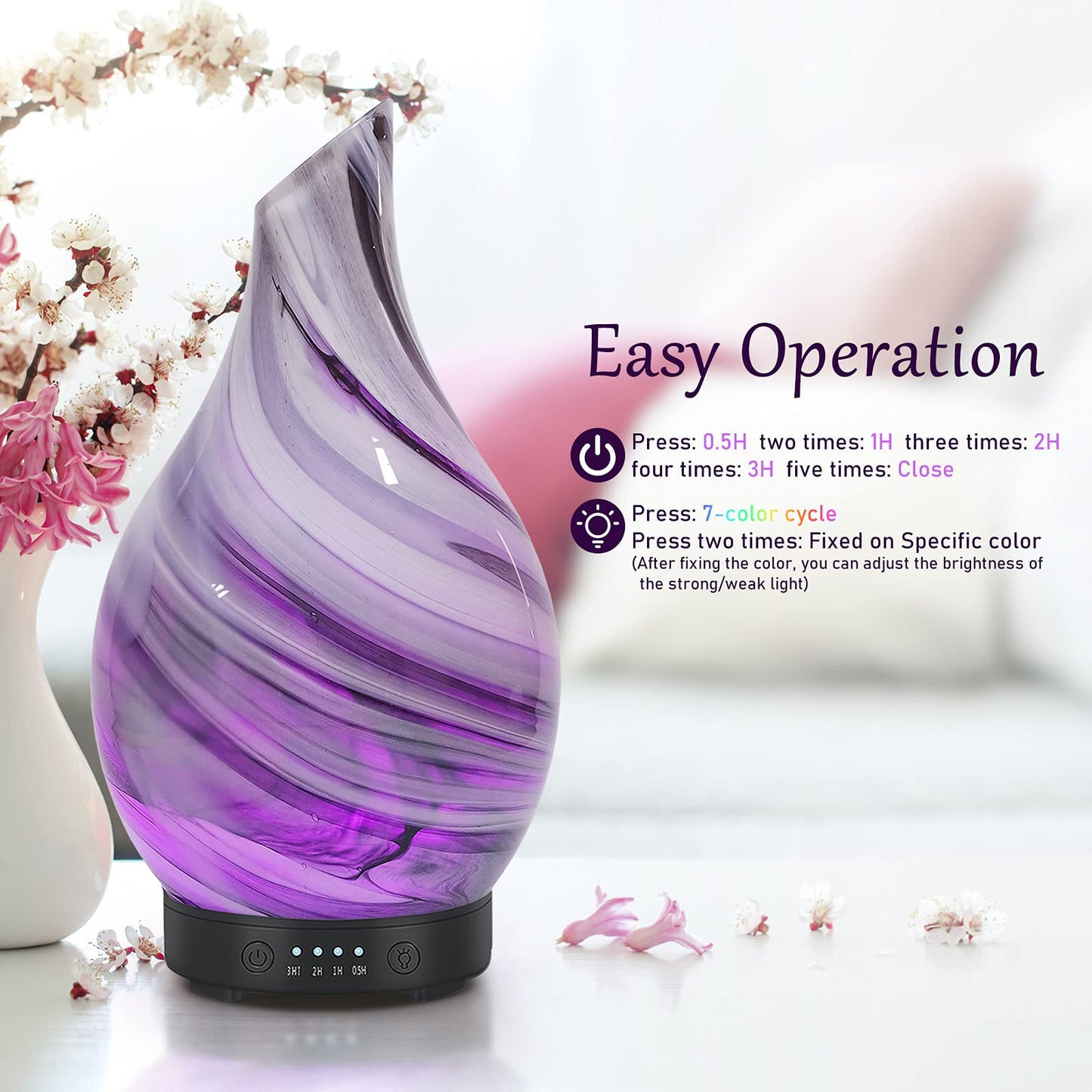 Essential Oil Diffuser 120ml Ultrasonic Aromatherapy Diffuser with Handmade Glass BPA Free Auto Shut-Off Protection, 4 Timer Setting 7 Colors Changed LED for Home Yoga Office