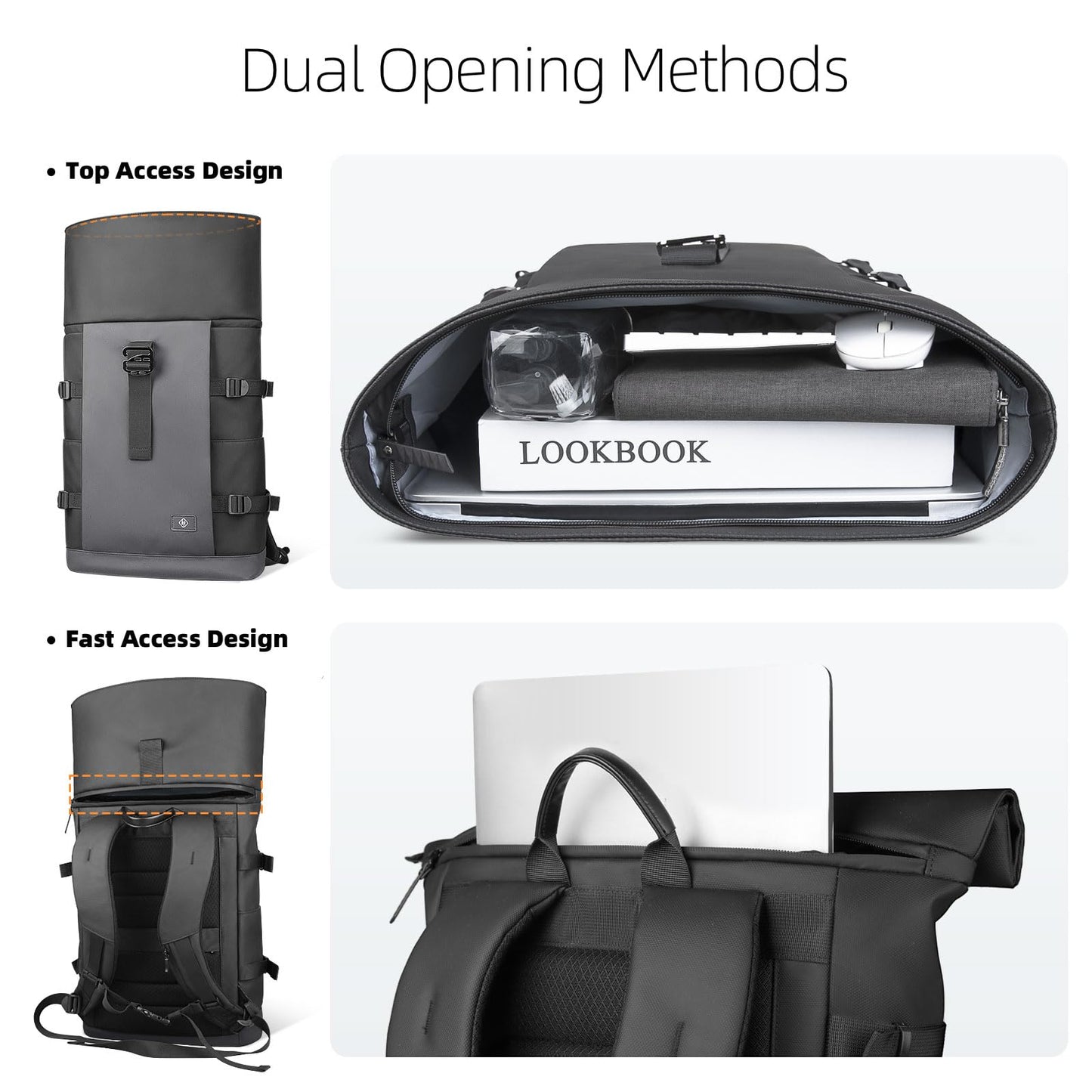 Rolltop Laptop Backpack for Men Women,15.6 Inch Expandable Water-Resistant Anti-Theft Backpack, Business Large Capacity Computer Bag for Casual Commute Work Daily College Travel-Grey