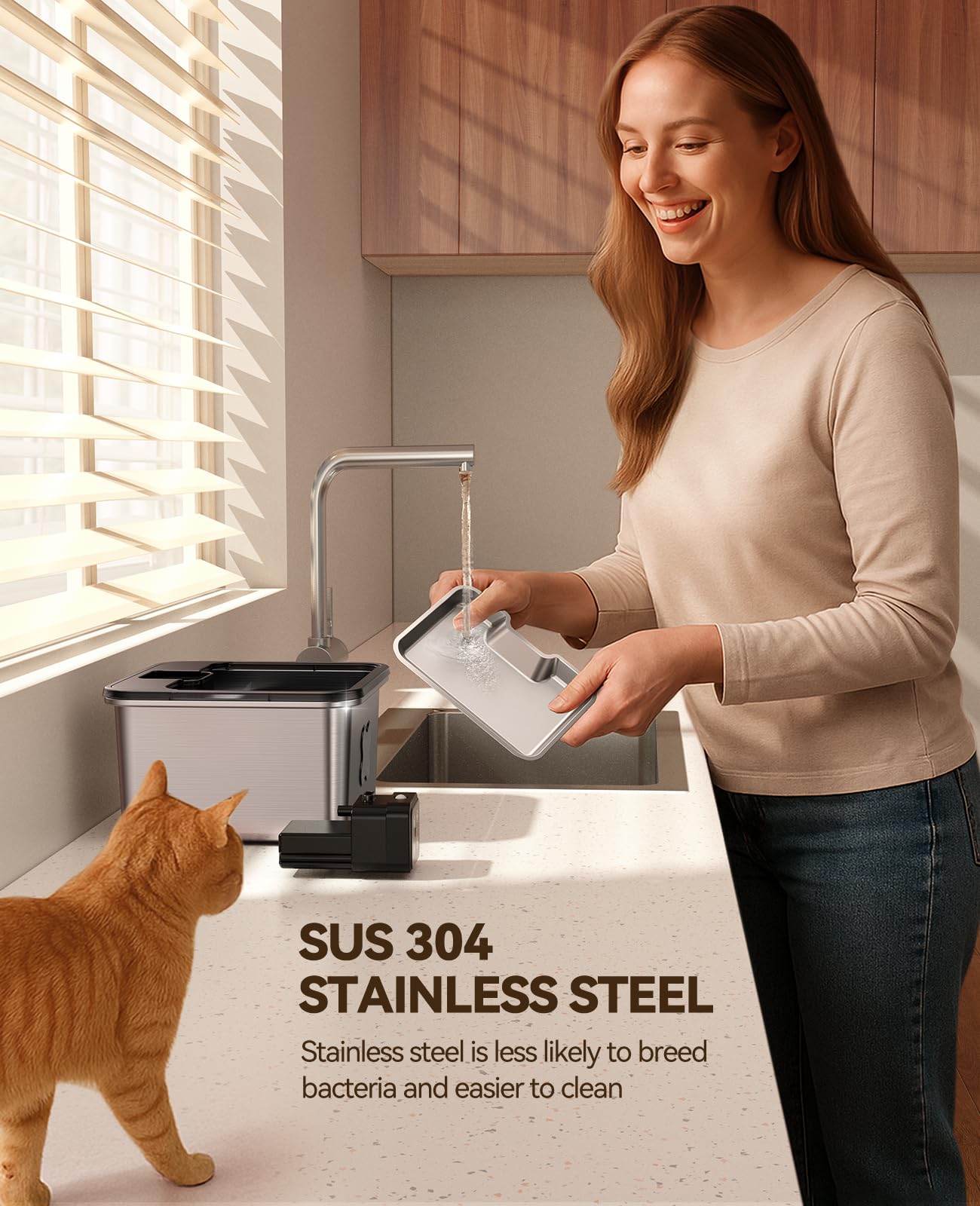 Cat Water Fountain Battery Operated, FEELNEEDY Wireless Rechargeable Pet Water Fountain Indoor with Motion Sensor, Cordless Stainless Steel Water Fountain Indoor Cat,Fontaine Pour Chat,3.2L,FN-W17