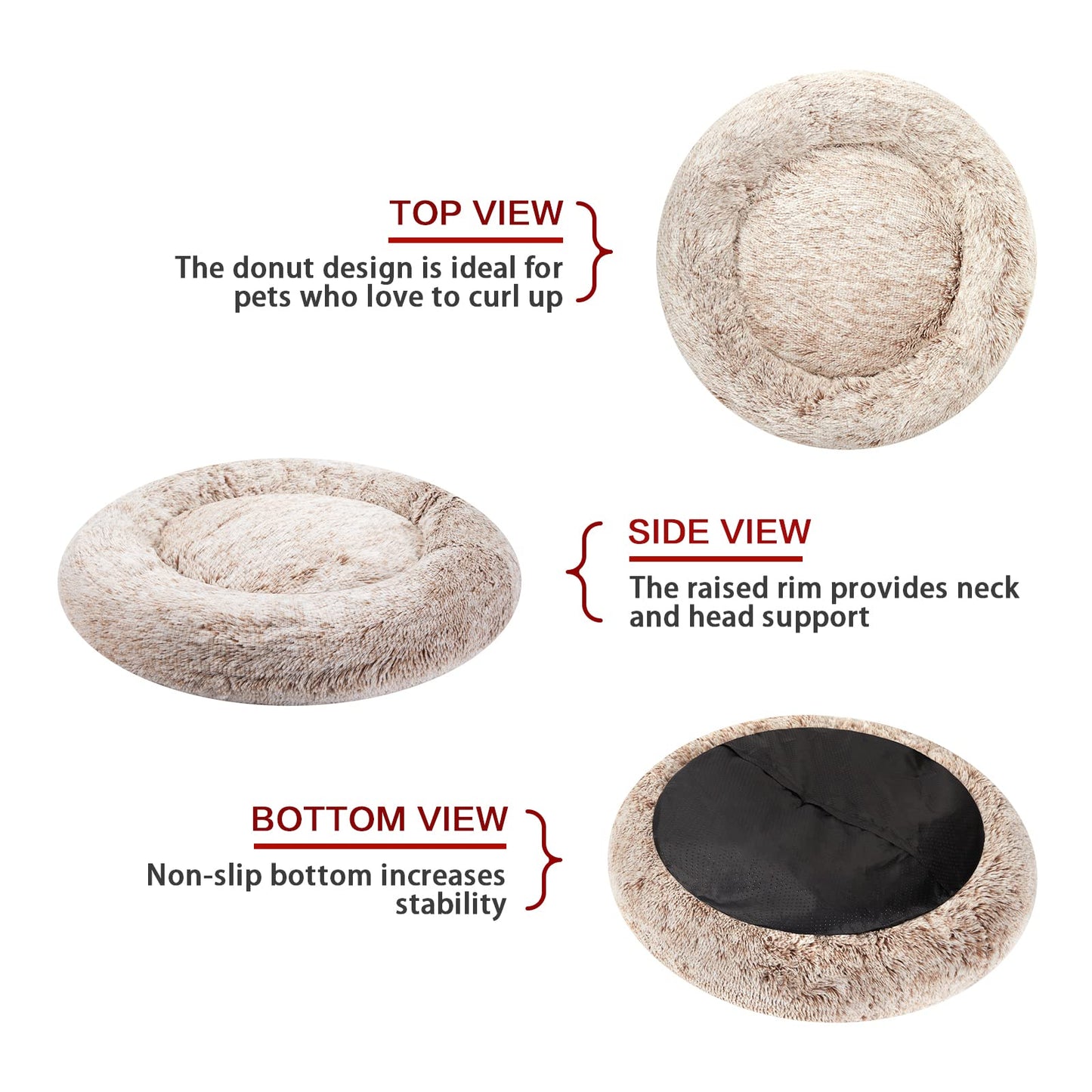 Bedfolks Calming Donut Dog Bed, 30 Inches Round Fluffy Dog Beds for Midium Dogs, Anti-Anxiety Plush Dog Bed, Washable Pet Bed with Non-Slip Bottom (Brown, Medium)