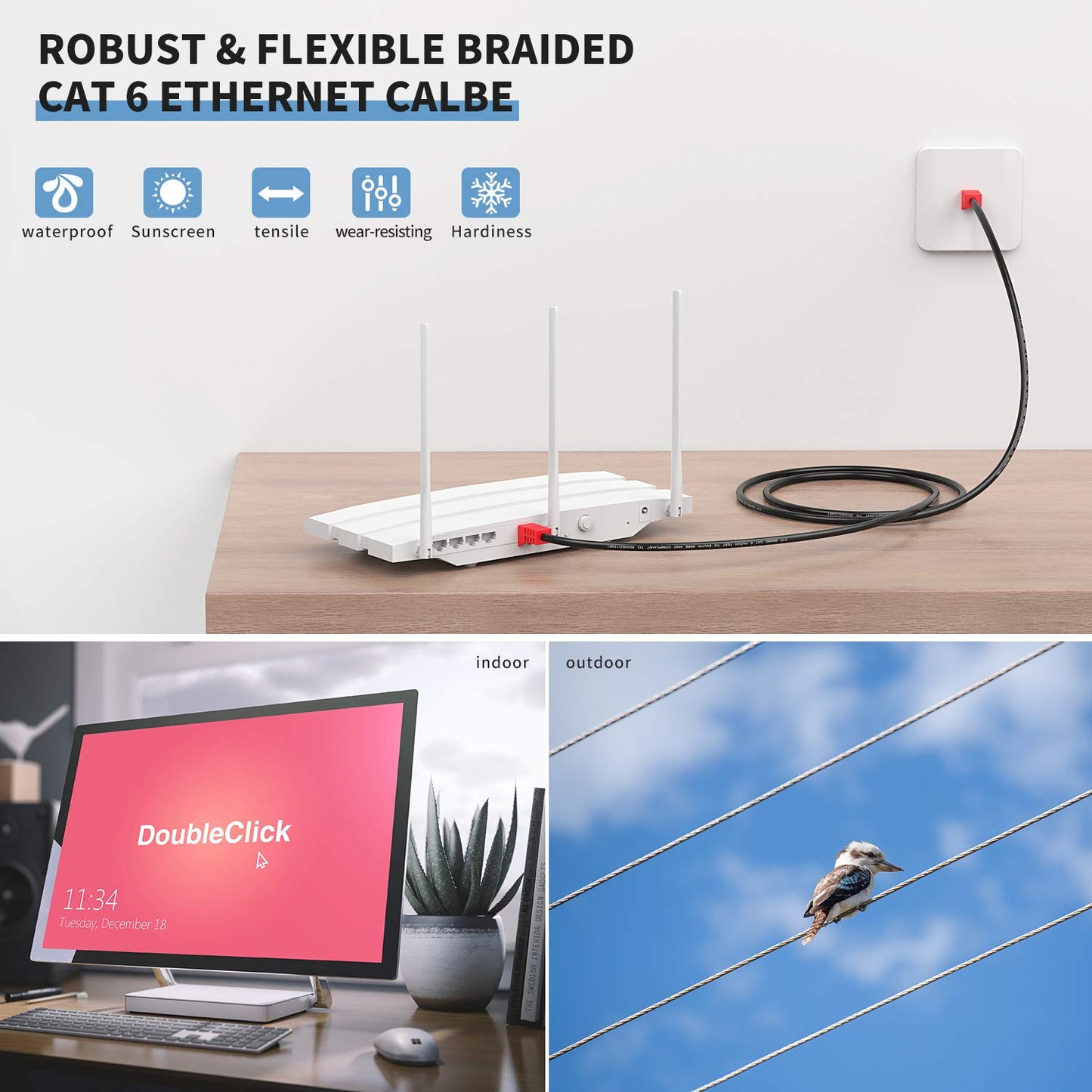 XXONE Outdoor Cat 6 Ethernet Cable 300ft, 26AWG Heavy-Duty Cat6 Networking Cord Patch Cable RJ45 LAN Wire Cable FTP Waterproof Direct Burial