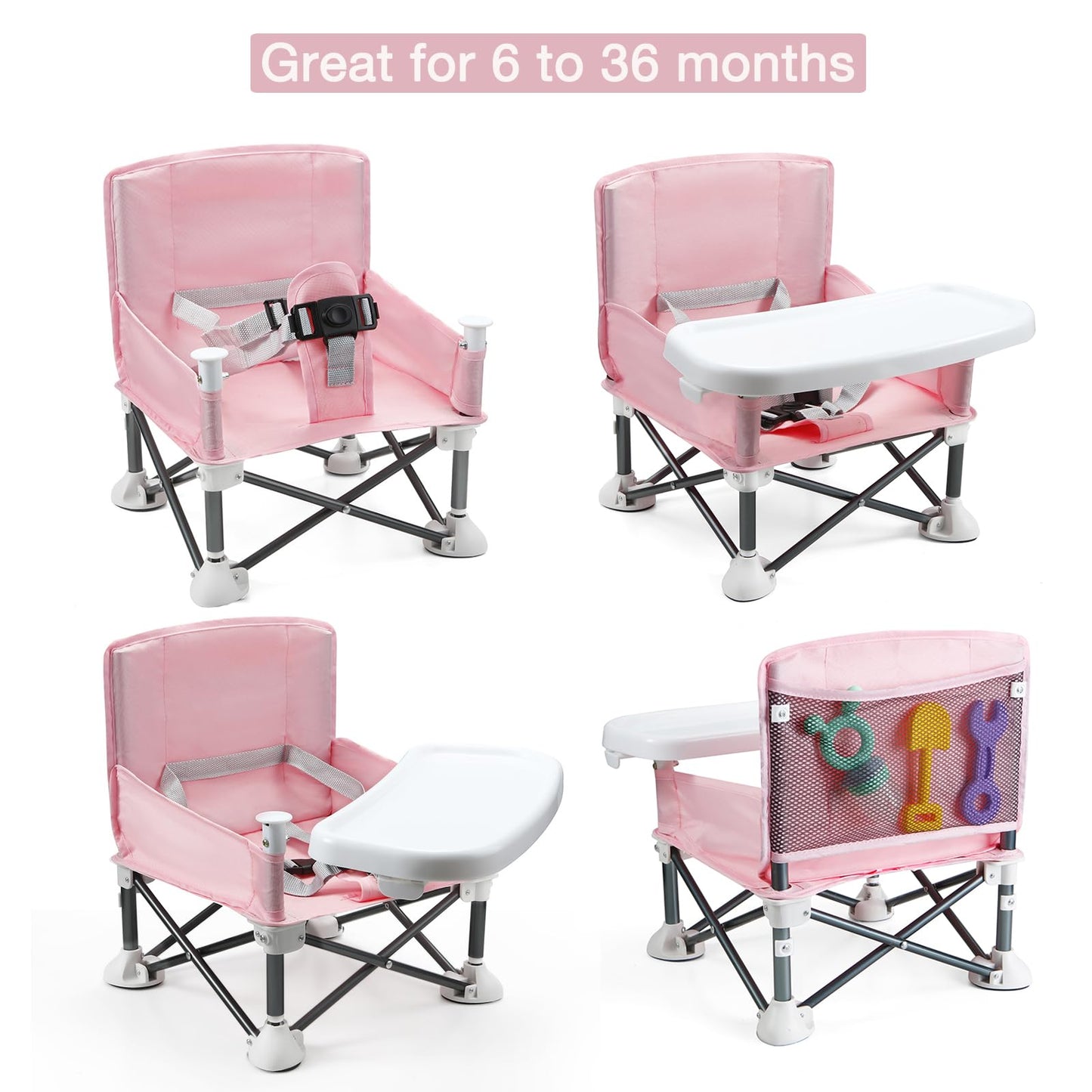 PandaEar Portable Baby Seat Travel Chair for Girls| Compact Fold with Straps for Indoor/Outdoor Use| Great for Camping, Beach, Lawn |Toddlers, Kids (Pink)