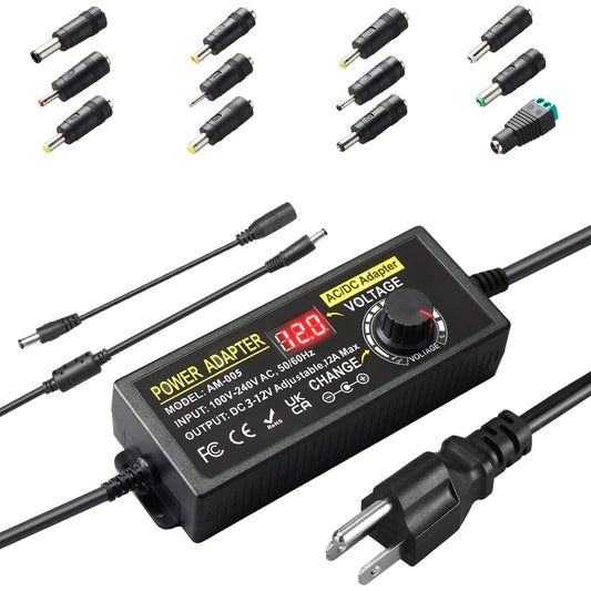 Adjustable Power Supply Universal 3V~12V 12A 144W Variable Switching Power Adapter 100V-240V AC to DC Converter Transformer with Polarity Converter&14 Tips,LED Voltage Display3V4V5V6V7V8V9V10V11V12V