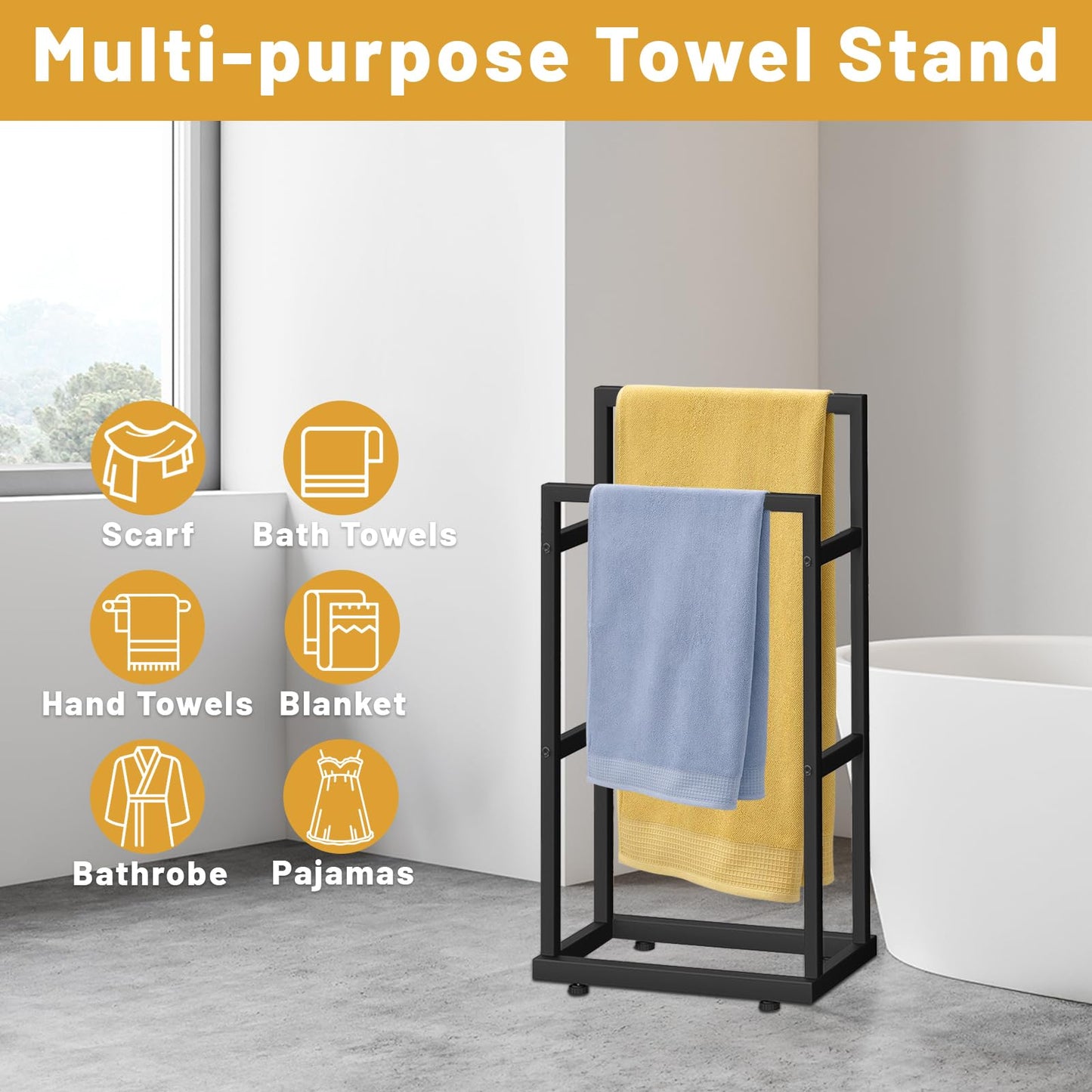 Free Standing Towel Racks for Bathroom, 2 Tier 43" H Freestanding Towel Holder, Floor Towel Drying Rack for Hand Towel Matte Black