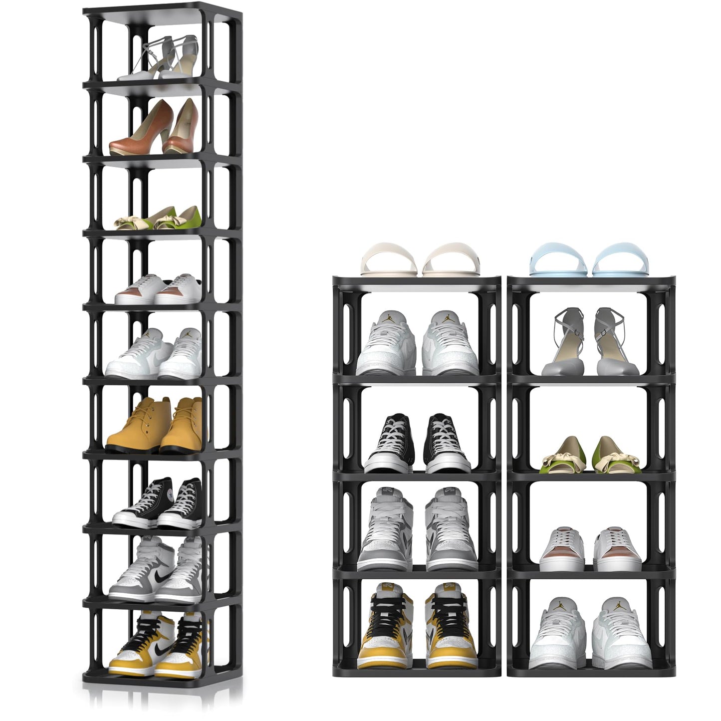 Tall Shoe Rack Front Door Entrance, Free Standing Narrow Shoe Rack Organizer for Entryway, Vertical Stackable Shoe Shelf for Closet Dedroom Dorm Garage, Black Shoe Tower for Small Spaces (10 Tiers)