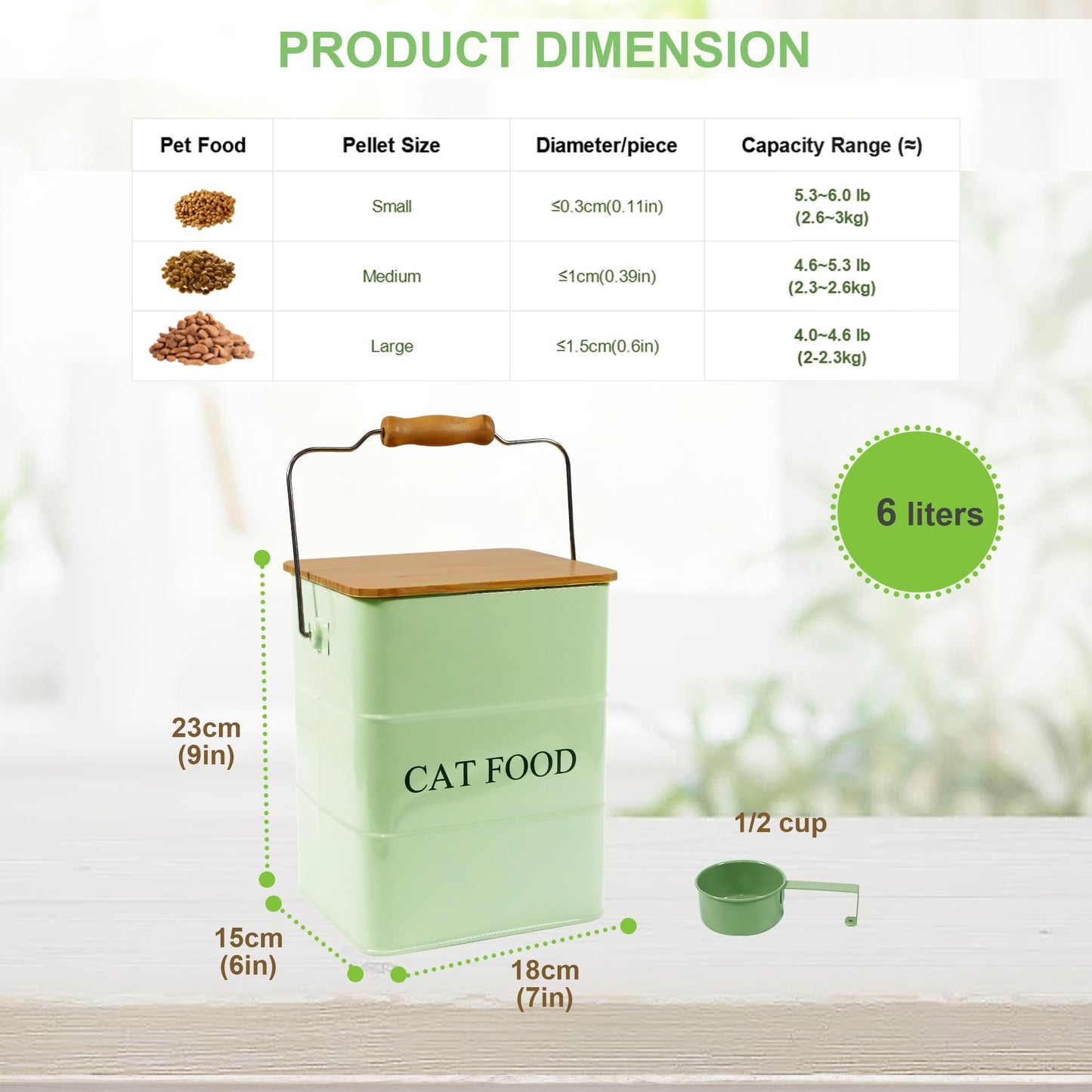 Brabtod Cat Food storage container Cat Treats Jar, Metal food treats tin for Cat, pet snacks Canisters with wooden lid/handle/sevice scoop,hold 5-6 lbs-Green