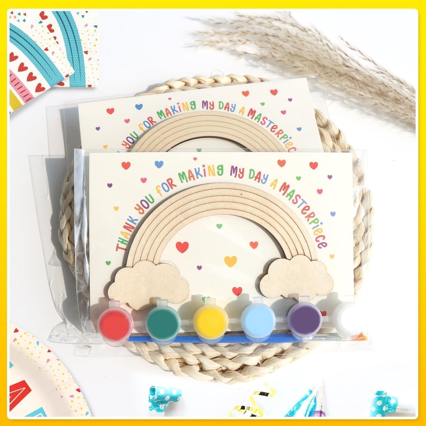 12-Pack Pre-Packaged Rainbow Party Favors for Kids, Wooden Rainbow Cutouts with Magnets & Painting Kits, Birthday Thank You Gifts for Guests, Rainbow Theme Party Decorations