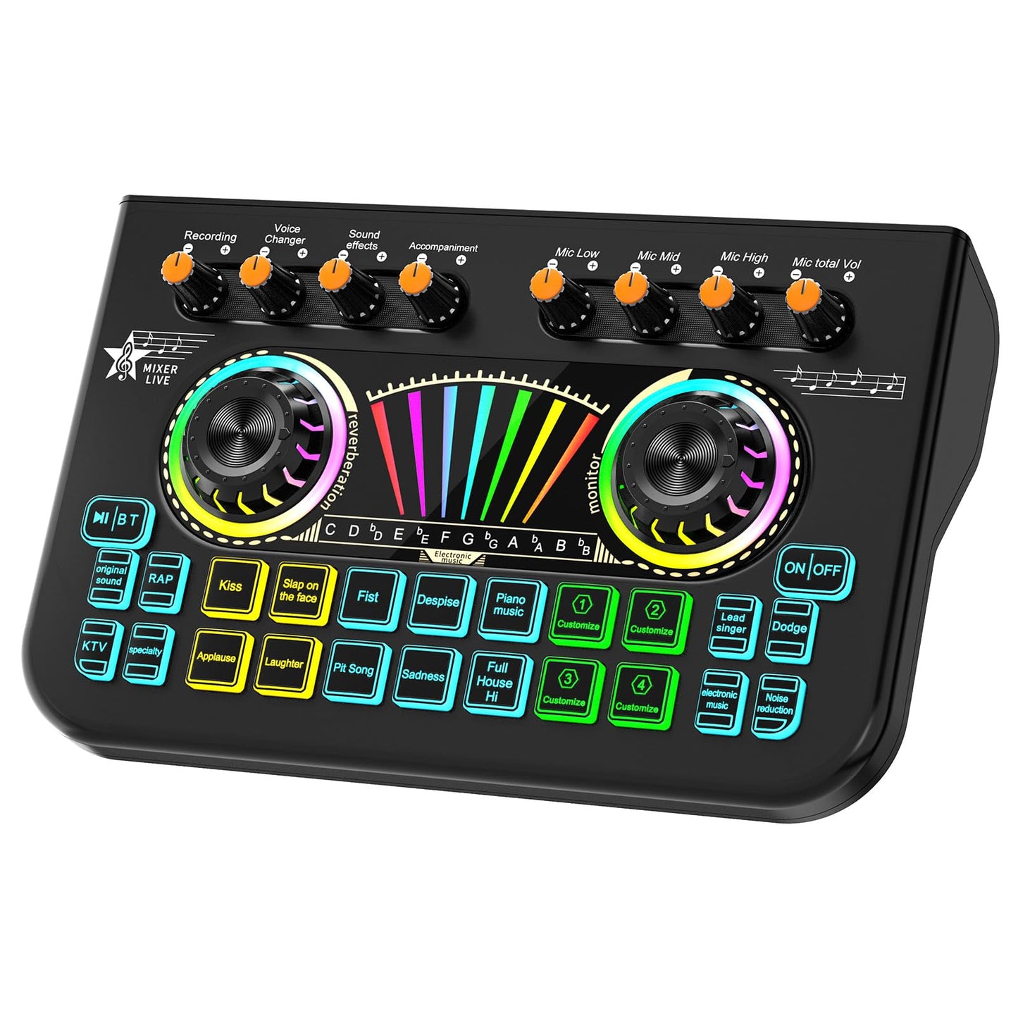 Audio Mixer, Sound Board for Pc/Phone Live Streaming Gaming, Audio Interface for 3.5mm/6.35mm Dynamic Microphone, Live Sound Card with Voice Changer, Denoise, Lead Singing Podcast Mixer