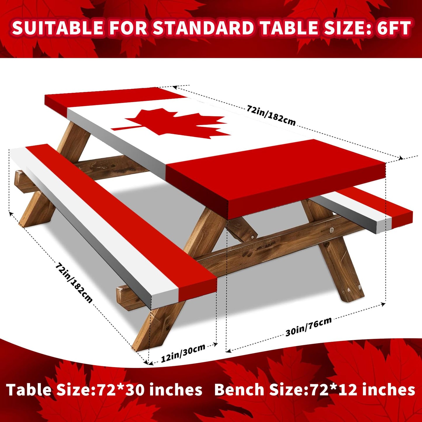6FT Canada Flag Picnic Table Cover with Bench Covers Set Canadian Flags Waterproof Windproof Camping Rectangle Tablecloths with Elastic Fitted Picnic Table Cover for Canada Day Outdoor Decor