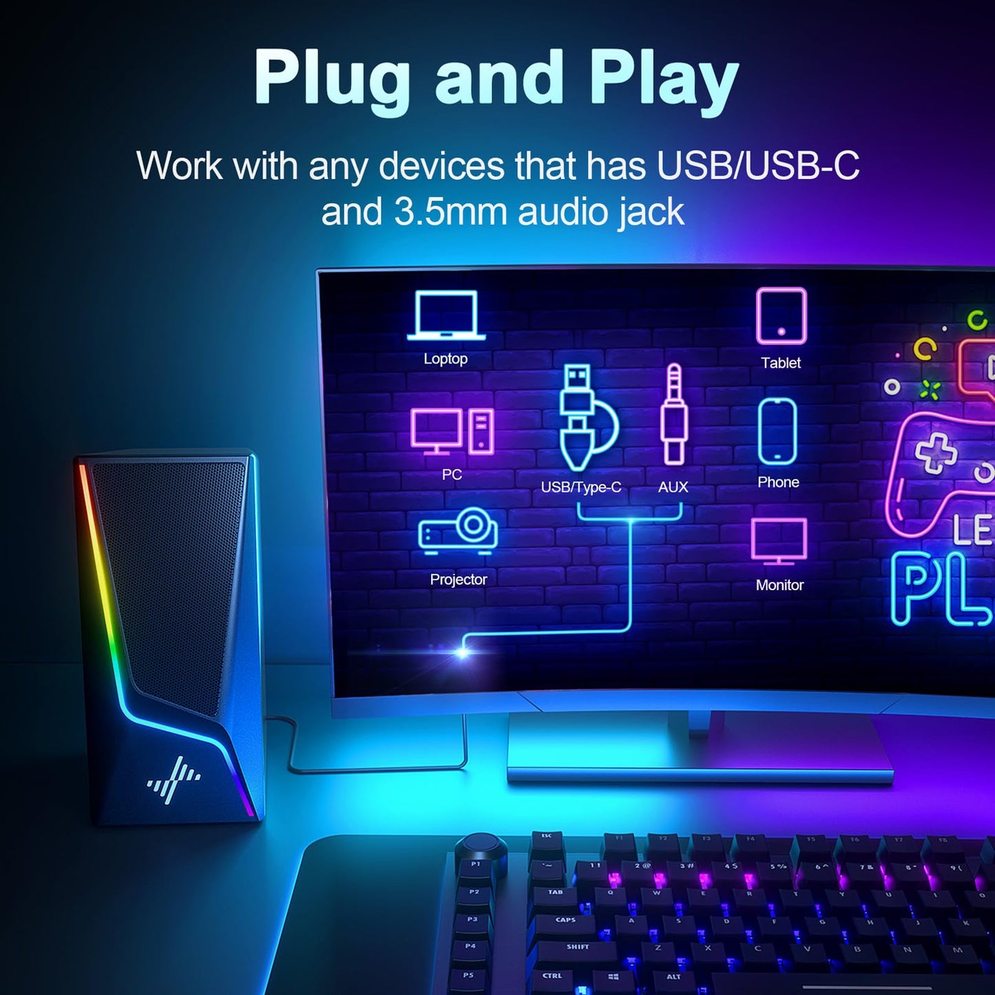 Computer Speakers with Subwoofer, 2.1 Hi-Fi PC Speakers System with 6 Lighting Modes, Enhanced Bass, USB/USB-C Powered and 3.5mm Aux in, Plug and Play, Desktop Speakers for Laptop, Monitor, Tablet