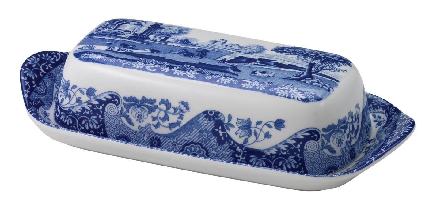 Portmeirion Blue Italian Collection Butter Dish | Made of Porcelain | Butter Dish with Lid | Covered Butter Keeper for Kitchen | 8 Inches | Dishwasher Safe | Blue/White