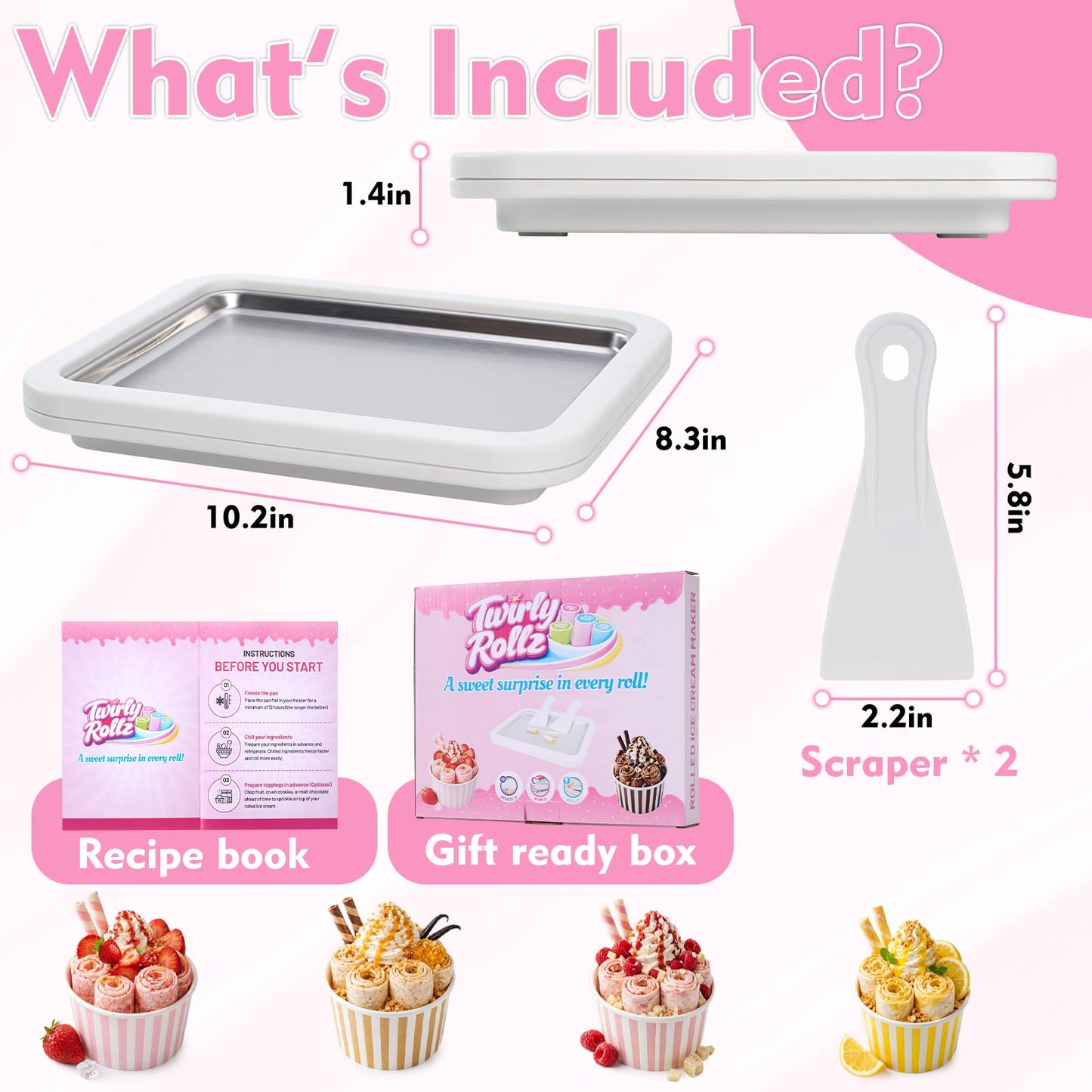 Premium Rolled Ice Cream Maker Kit with Recipe Book, Stainless Steel Freeze Tray, 2 Food Grade Spatulas & Gift Ready Packaging. Electricity-free Homemade Instant Ice Cream Roll Maker