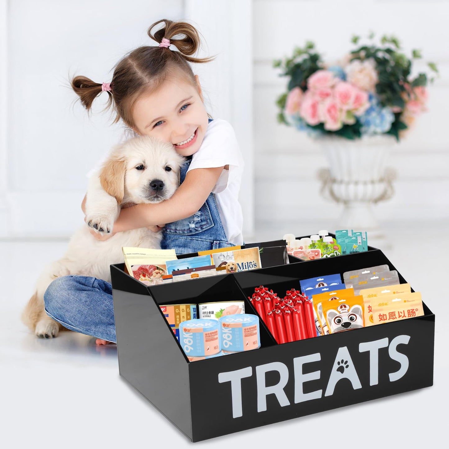 Brabtod Acrylic Dog Storage Organizer,Dog Treat Station with dividers,Trapezoid Dog Treat Container for Countertop,Cat Treat Storage Bin,Ideal for Dog Cat Bagged Snack or Can Food-Black