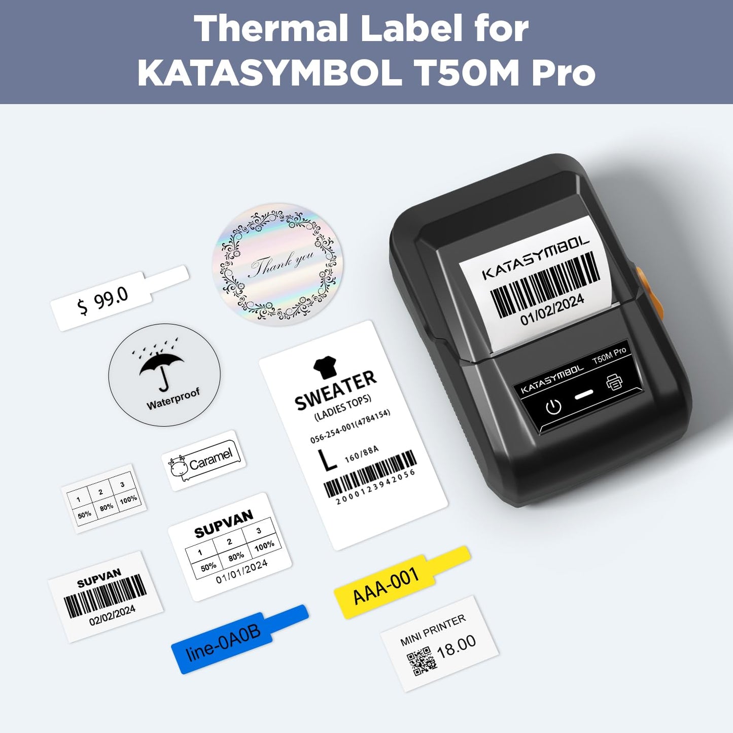 SUPVAN T50M Series Label Maker Tape, 12 Rolls 50mm x 80mm 100 Labels/Roll Genuine Laminated Thermal Label Tape Refill, Waterproof Oilproof Highly Adhesive Auto Detect Labels, Black on White