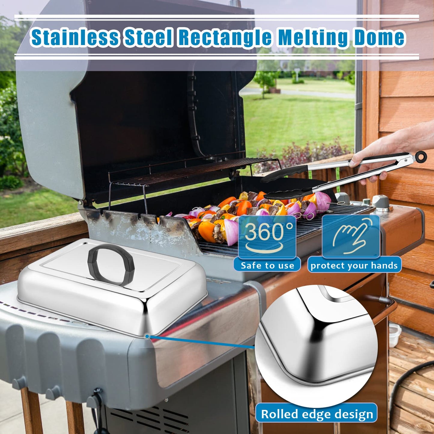 2PCS Rectangular Basting Cover, HaSteeL Stainless Steel Cheese Melting Dome Steaming Cover Lid, Heavy Duty Griddle Grill Accessories for Flat Top BBQ Kitchen Indoor & Outdoor, Dishwasher Safe