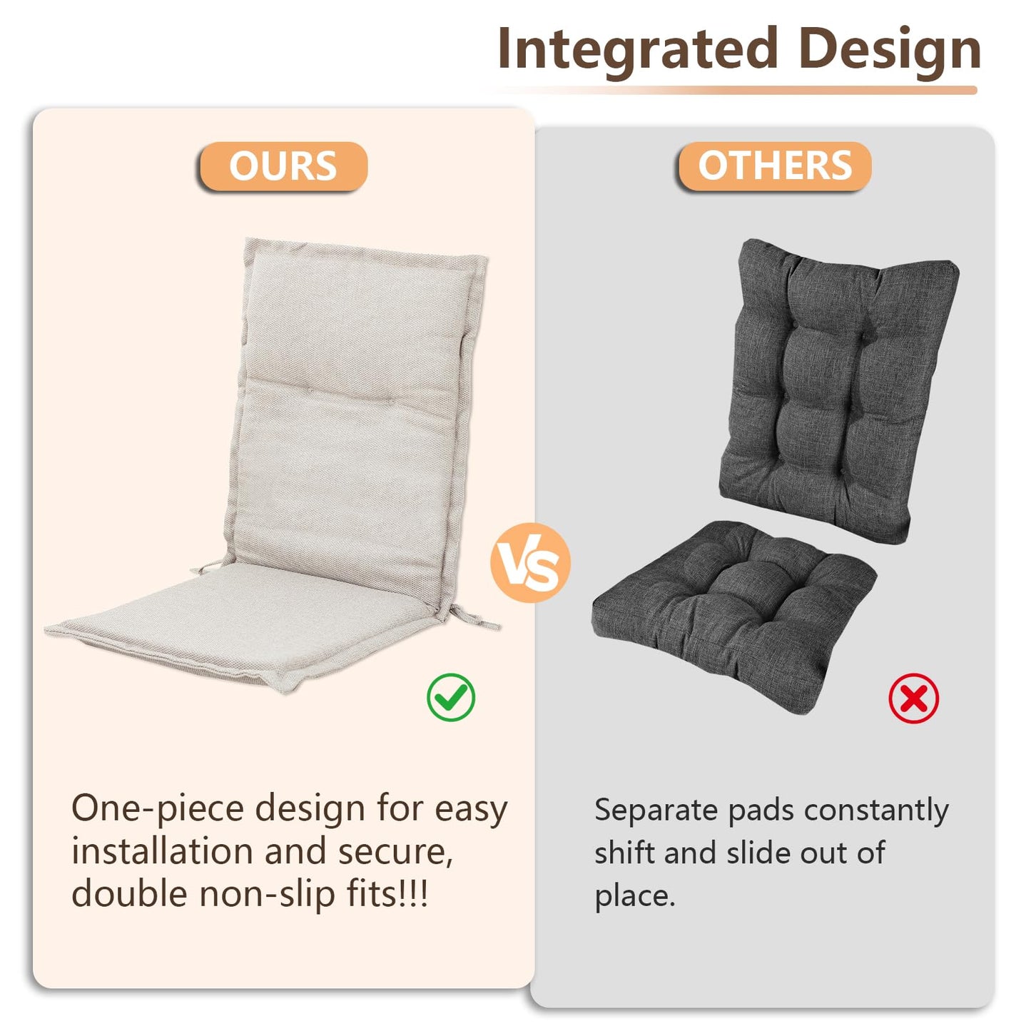 C-Hopetree Indoor High Back Rocking Chair Cushions for Glider and Swivel Rocker, Outdoor Replacement Highback Dining Seat Pads with Back Elastic and Ties, 18" x 42" x 1.5", Beige, Set of 2