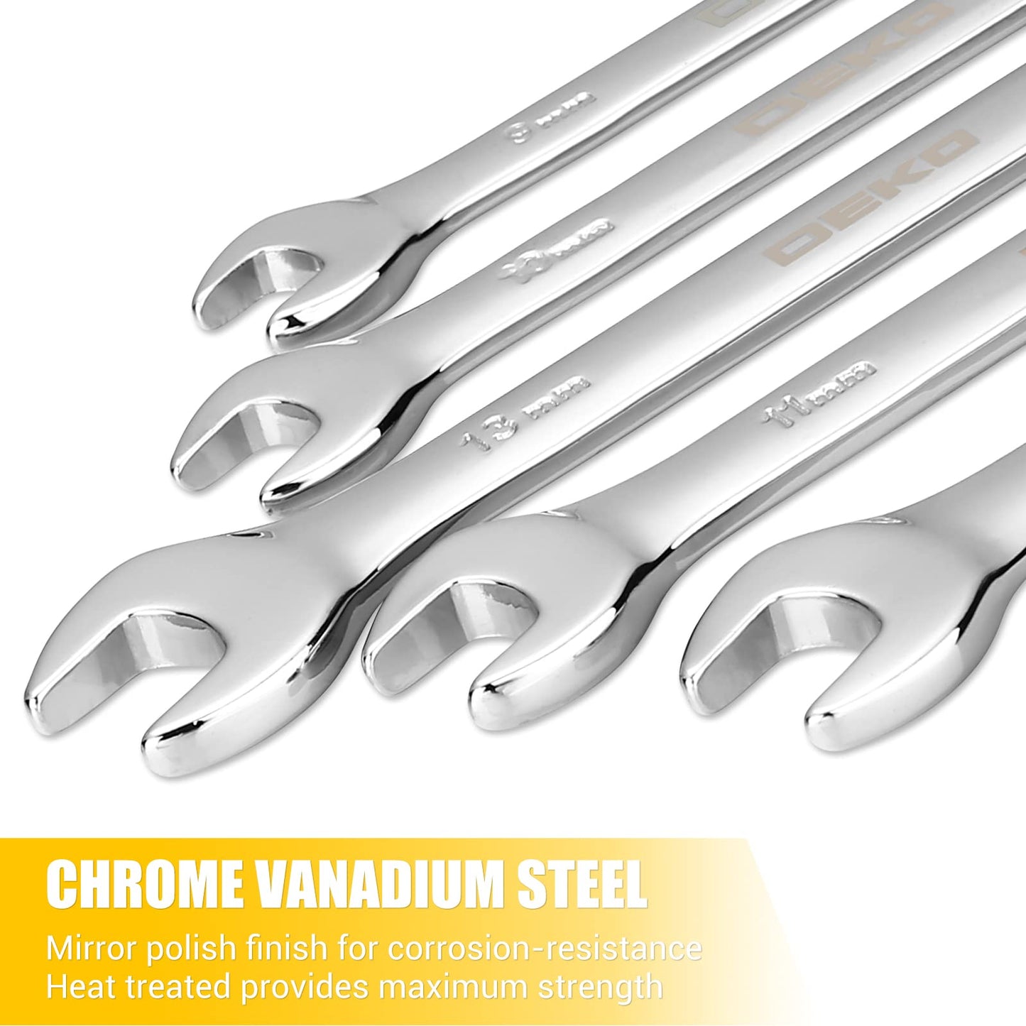 DEKOPRO Combination Wrench Set,Metric,15-Piece,8-22mm,Chrome Vanadium Steel, with Plastic Tray