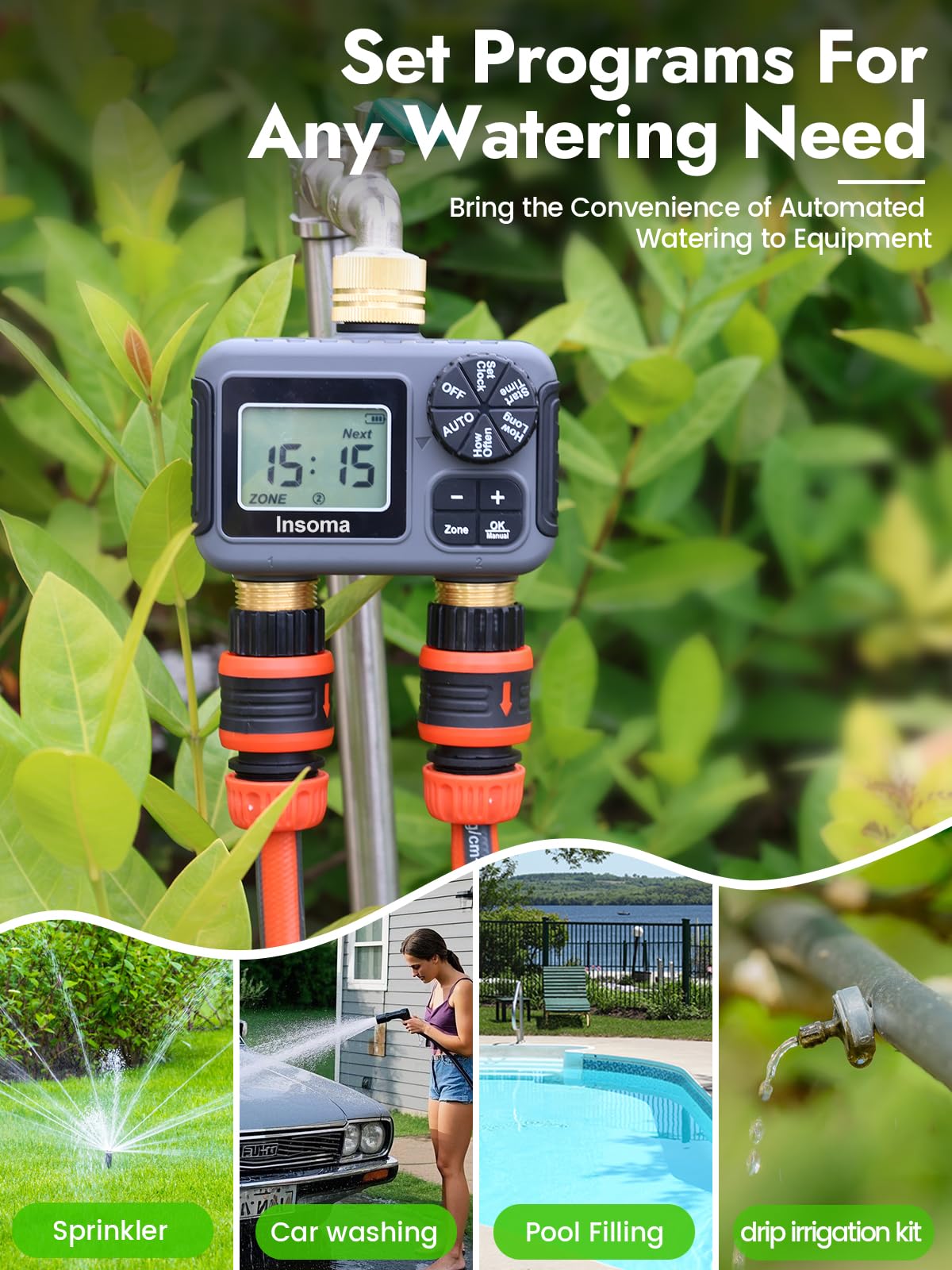 2 Zone Water Timer with Brass Swivel |Programmable Hose & Sprinkler Irrigation Timer w/Rain Delay & Auto/Manual Modes for Lawn, Garden, Drip Systems | IPX5 Waterproof & Easy Setup