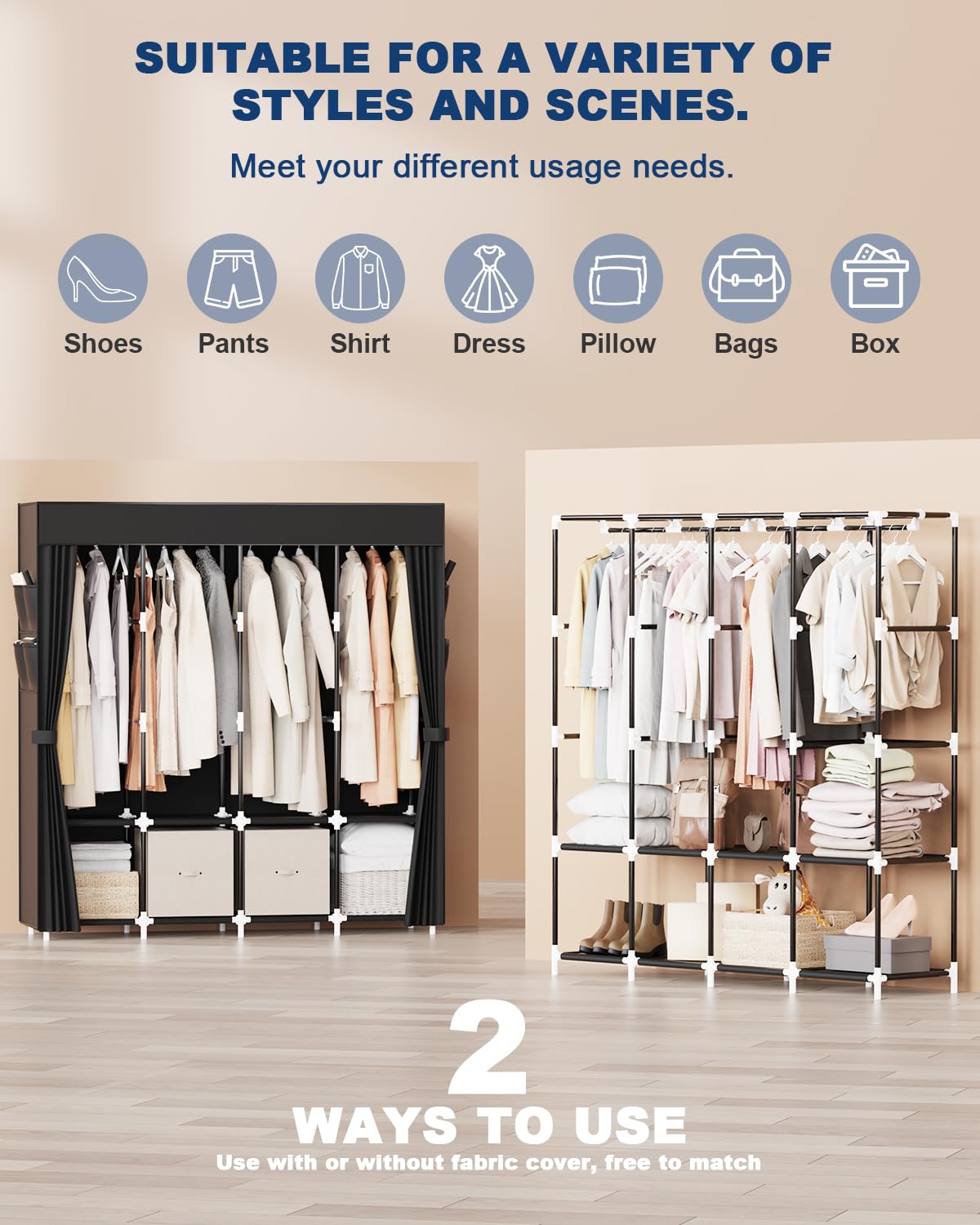Mavivegue Wardrobe Closet with 4 Hanging Rods, Portable Closet Wardrobe, Non-Woven Fabric Cover, Closet Organizers for Bedroom and Living Room, Black, 67" W x 17" D x 67" H