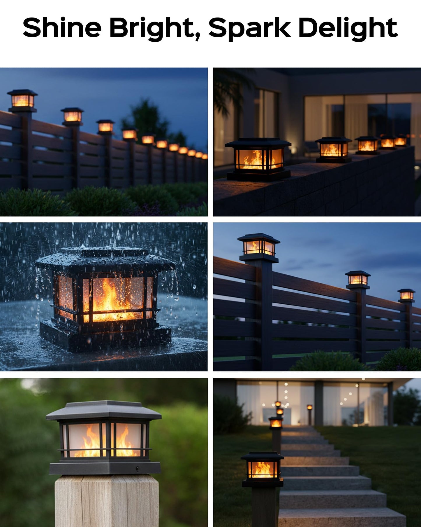 8 Pack Solar Flame Post Lights Outdoor, Solar Powered Fence Post Cap Lights, High Brightness Flickering Flame SMD LED Lighting Decor for Garden Deck Patio, 4x4, 5x5 Vinyl/Wooden Posts