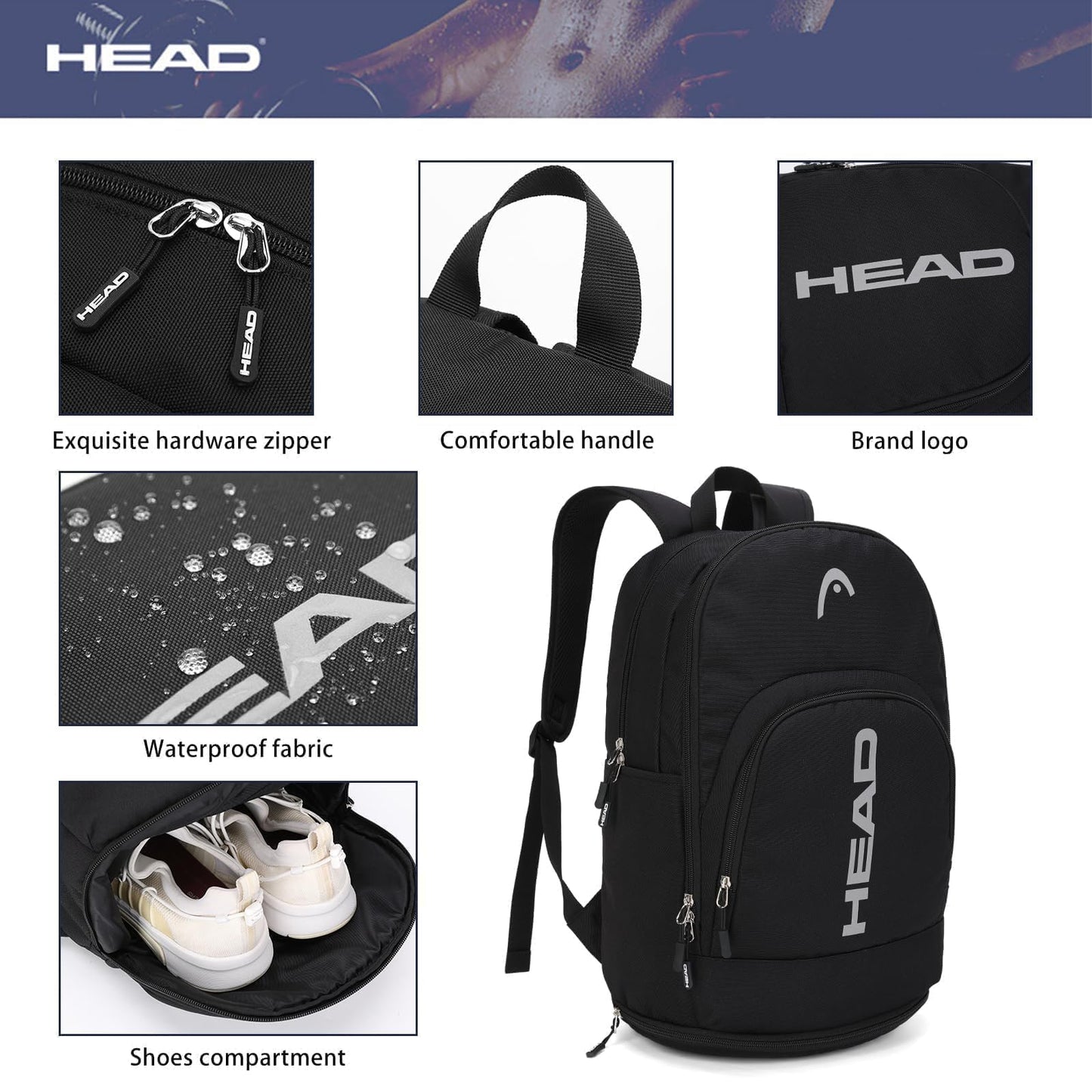 HEAD Waterproof Travel Backpack for Women/Men, Lightweight 15.6" Laptop Backpack Computer Bag with Shoes Pocket