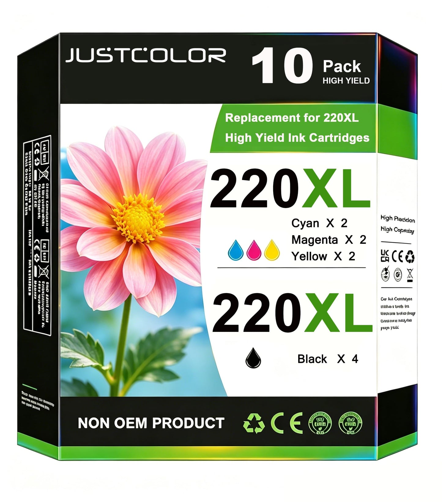 JUSTCOLOR Remanufactured Ink Cartridge Replacement for 220 XL 220XL T220XL to use with WF-2760 WF-2750 WF-2630 WF-2650 WF-2660 XP-320 XP-420 XP-424(4 Black, 2 Cyan, 2 Magenta, 2 Yellow) 10 Pack