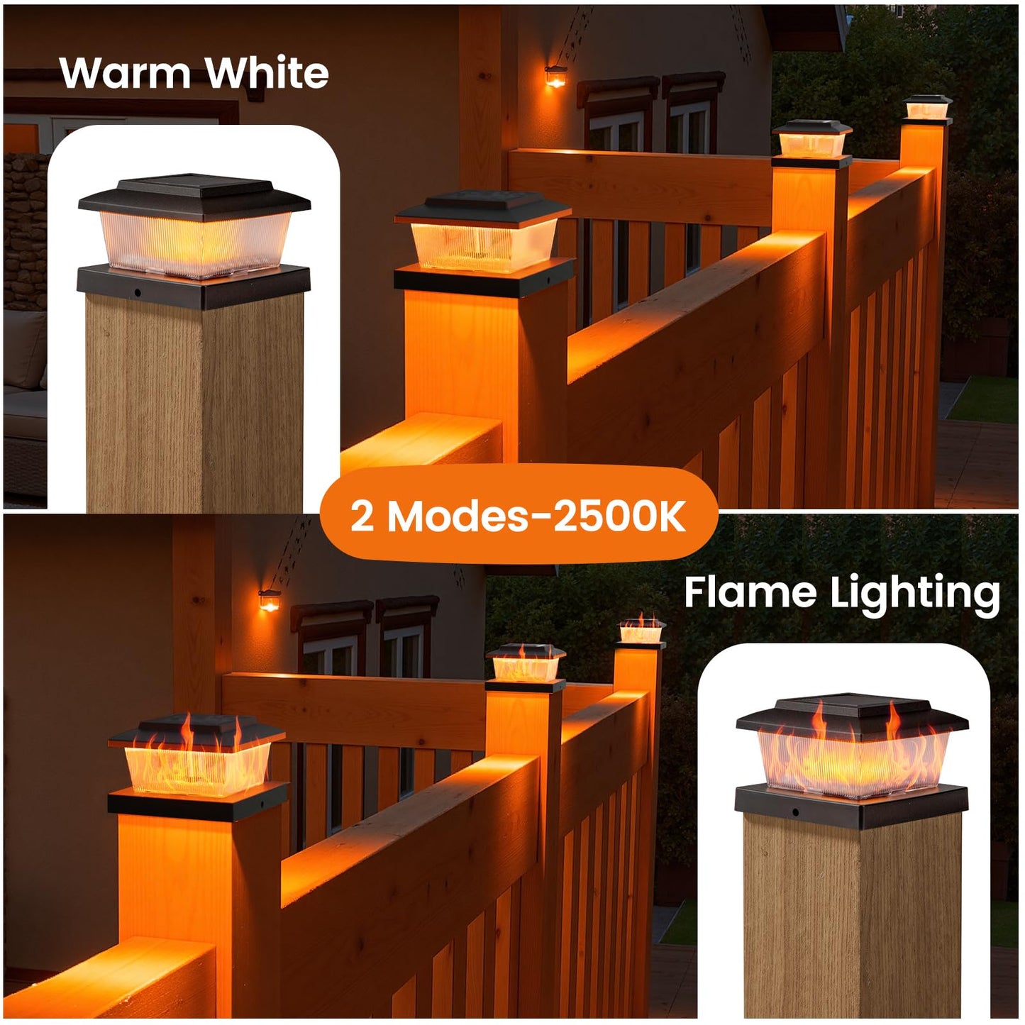 APONUO Fence Post Solar Lights, Warm White & Flickering Flame Modes, Waterproof LED Fence Post Lights for 4x4 Wood Vinyl Posts, Solar Powered Auto On/Off, Deck,Patio,Fence Yard Lighting,Black 6 Pack