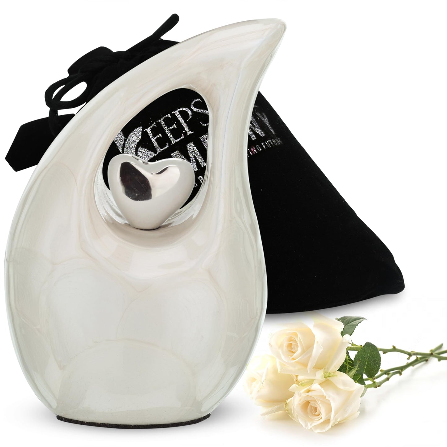 White Tear Drop Small/Mini Urn for Human Ashes With Silver Heart (3 Inch Height) - Unique Decorative Keepsake Cremation Urn for Small Pets - ERN