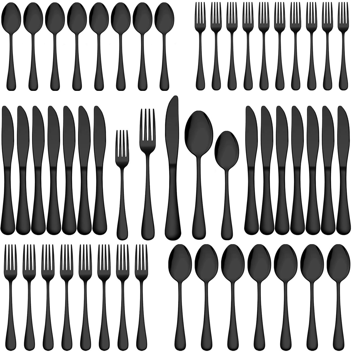 Wildone 60-Piece Black Silverware Set, Stainless Steel Flatware Cutlery Set Service for 12, Tableware Eating Utensils Include Knives/Forks/Spoons, Mirror Polished, Dishwasher Safe