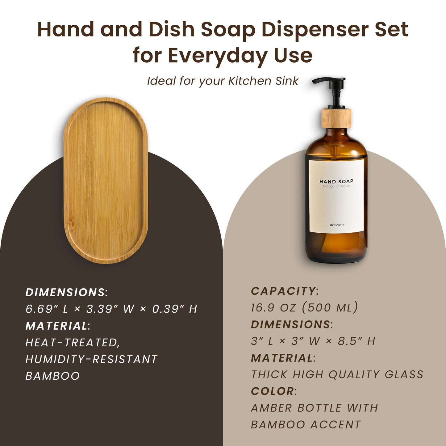 MaisoNovo Glass Dish Soap Dispenser for Kitchen Sink Set of 2-500 ml Dish and Hand Soap Dispenser Set for Kitchen - Amber Glass Bottles with Black Bamboo Pumps x 2, Bamboo Tray