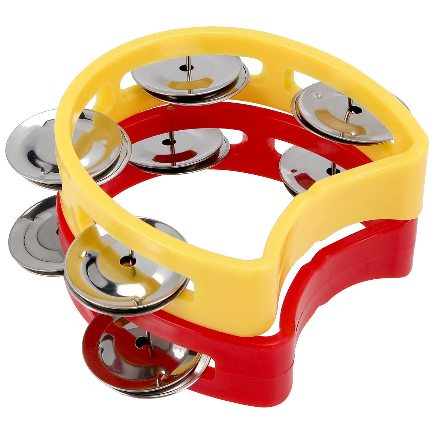 MUKLEI 20 Pack Half Moon Handheld Tambourine, Half Moon Musical Tambourine for Beginner, School, Red and Yellow