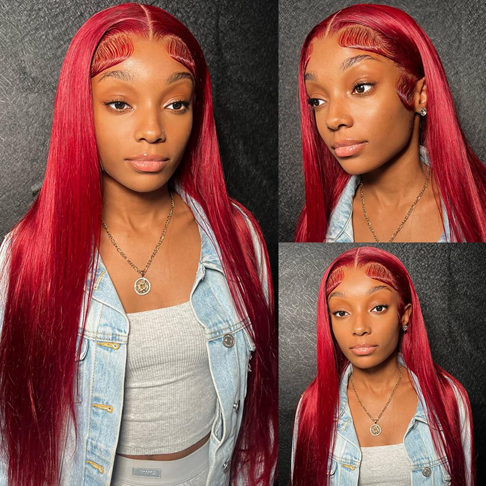 Maycaur Red Wigs for Women Black Long Straight Synthetic Lace Front Wigs Pre Plucked Hairline Glueless HeatResistant Long Wigs Free Part Hair Replacement Wig for Daily Use 26 Inch